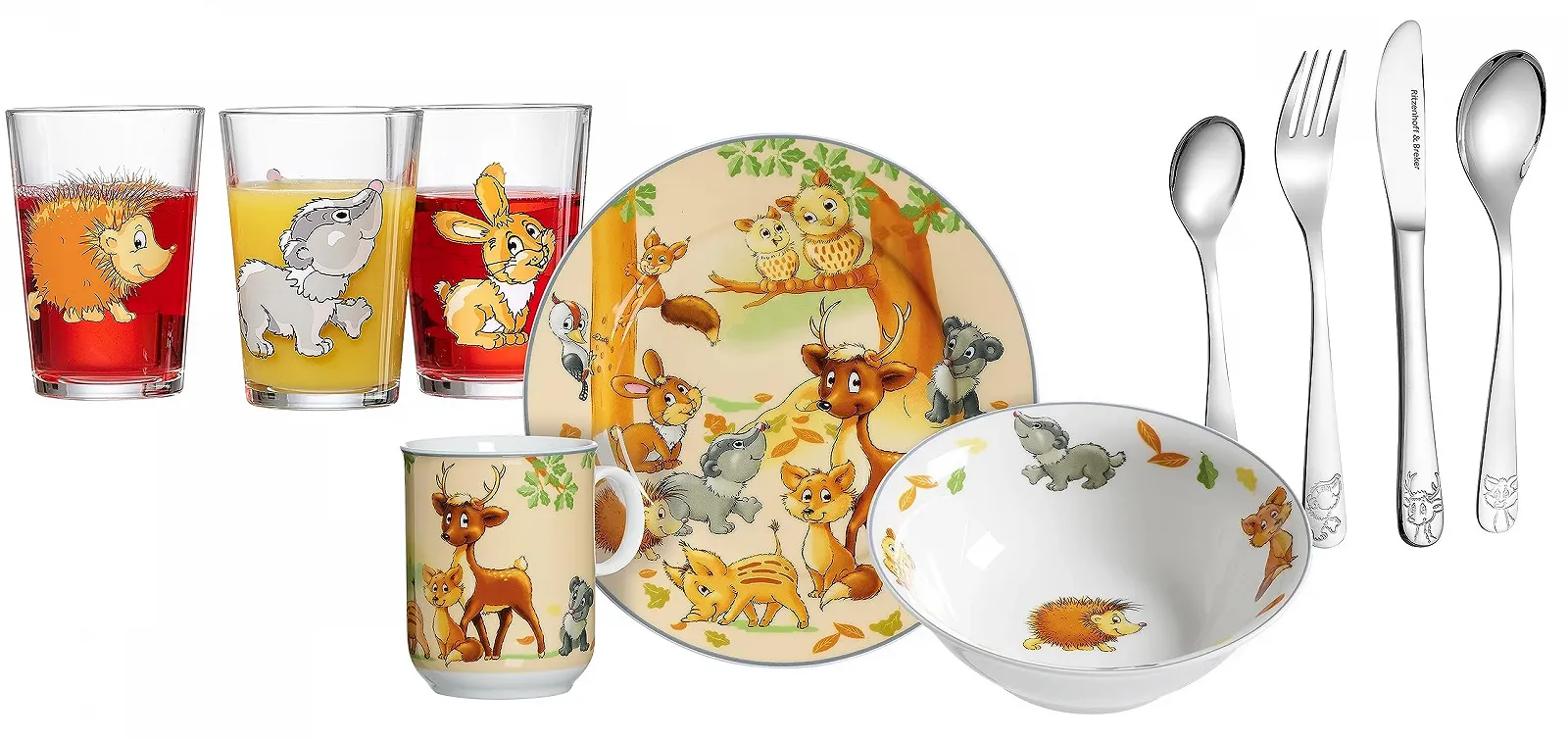 Дитячий набір: Посуд Ritzenhoff & Breker Woodland Animals 10 предметів, порцеляна, склянки та столові прибори, фото №1