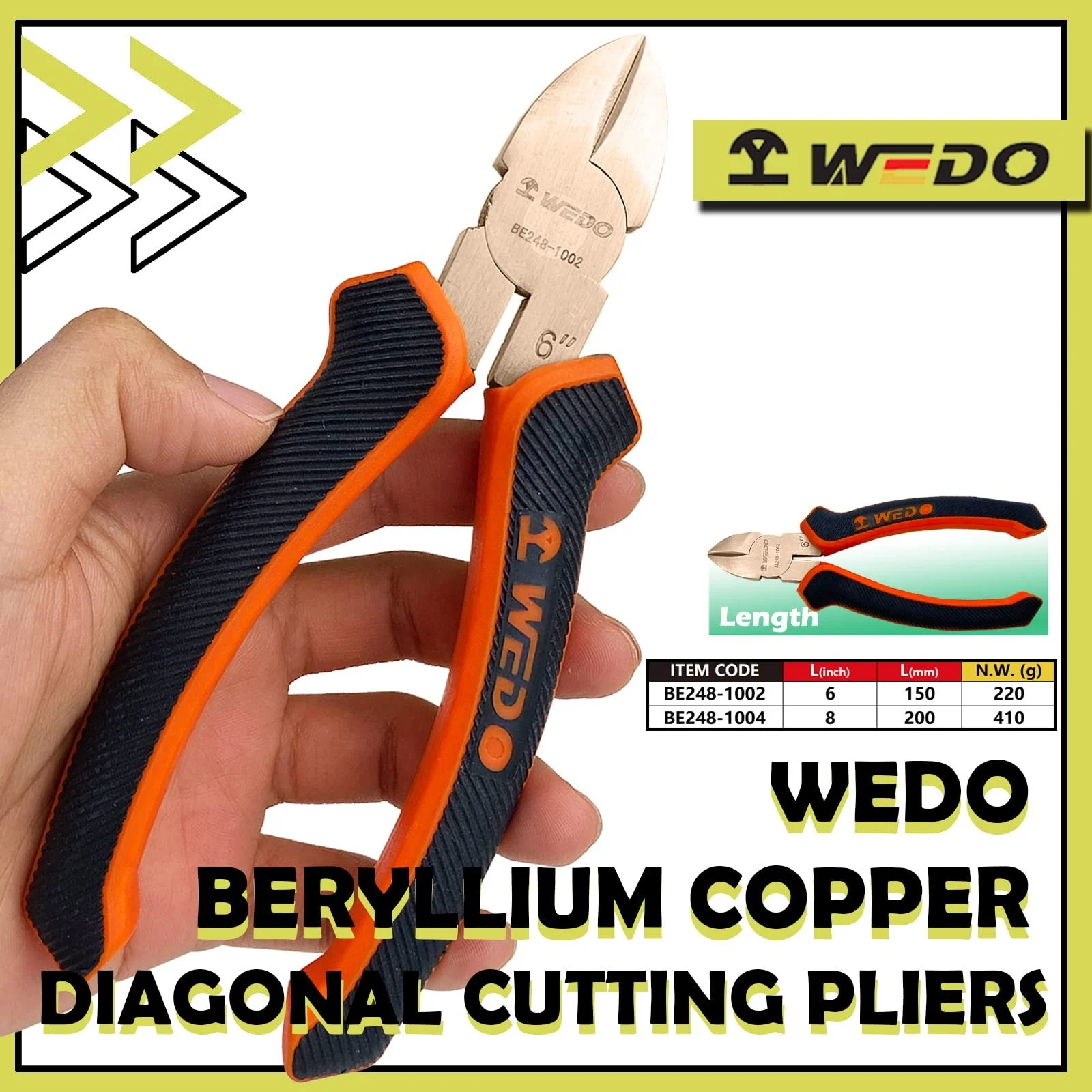 Боковые кусачки WEDO Non-sparkling, прецизионная резка, профессиональные кусачки для кабеля, бериллиевая медь, длина 200 мм, универсальные плоскогубцы для резки, зачистки, обжима кабеля, немагнитные, BAM/FM, фото №2