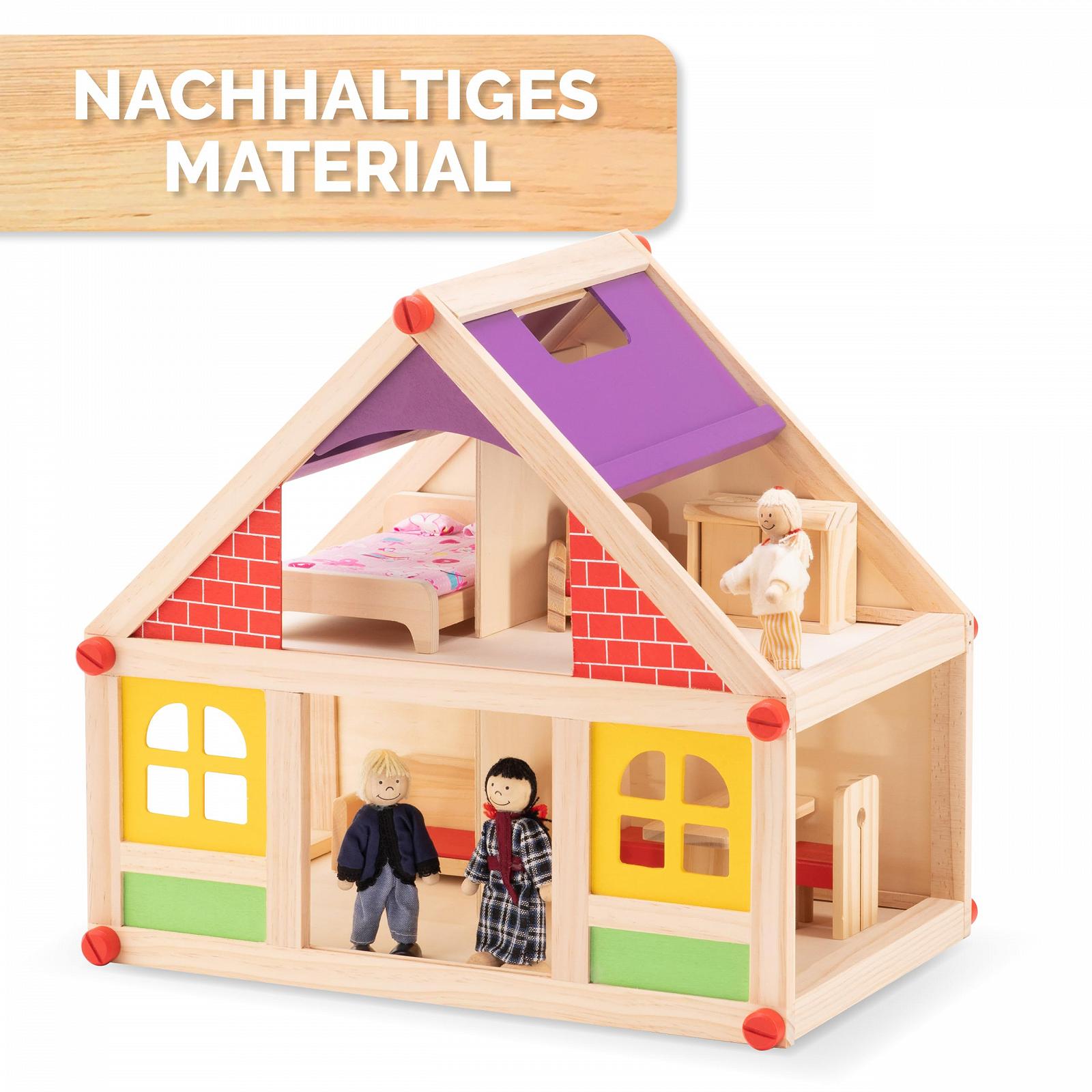 Ігровий будинок для ляльок 40 x 35 см з фігурками та меблями з натурального дерева, фото №2