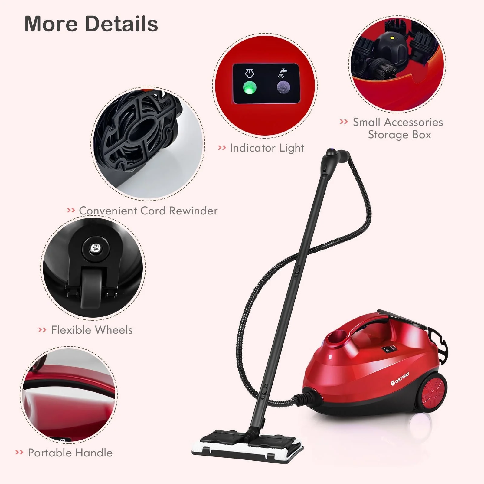 Пароочиститель SOARS 2000 Вт 4 бар 1.5 л с 19 аксессуарами Красный, фото №5 Пароочиститель SOARS 2000 Вт 4 бар 1.5 л с 19 аксессуарами Красный, фото №5