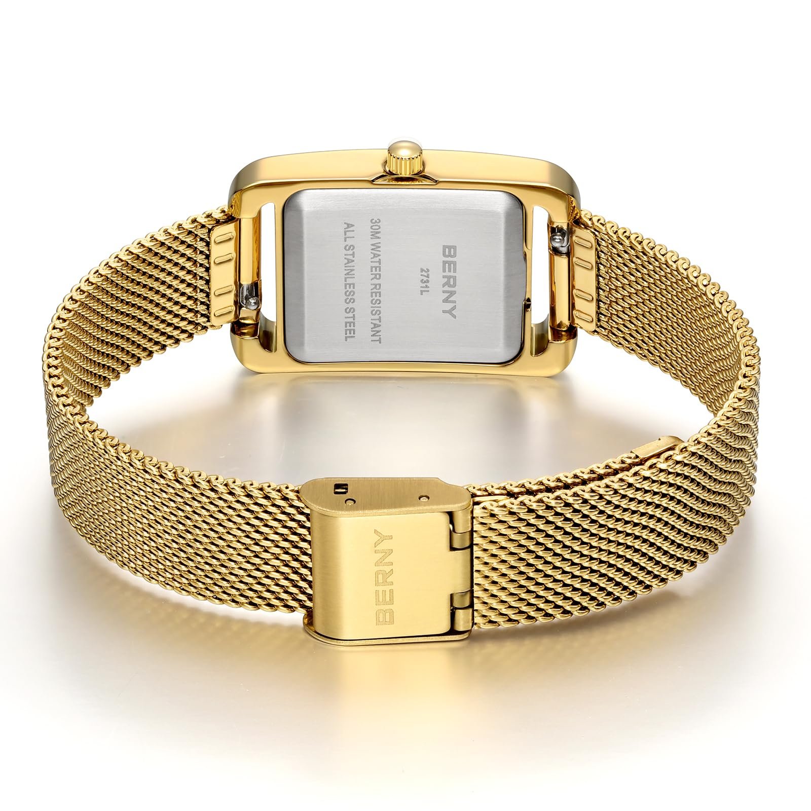 BERNY Прямоугольные Женские Классические Наручные Водонепроницаемые Кварцевые Часы с Римскими Цифрами и Сетчатым Ремешком, фото №5 BERNY Прямоугольные Женские Классические Наручные Водонепроницаемые Кварцевые Часы с Римскими Цифрами и Сетчатым Ремешком, фото №5