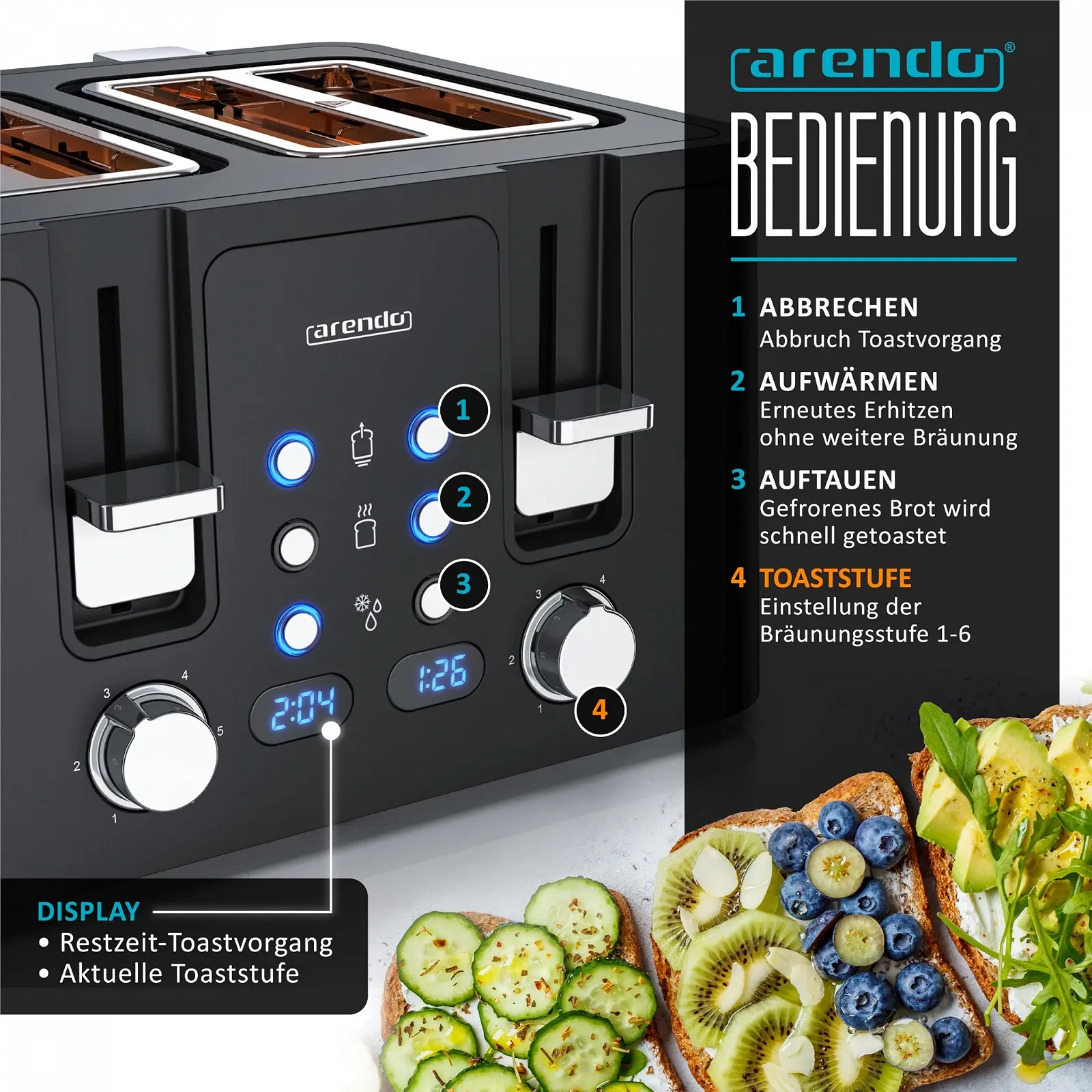 Тостер Arendo Manana X2 4 скибочки нержавіюча сталь з насадкою для булочок дисплей зворотного відліку часу чорний, фото №3