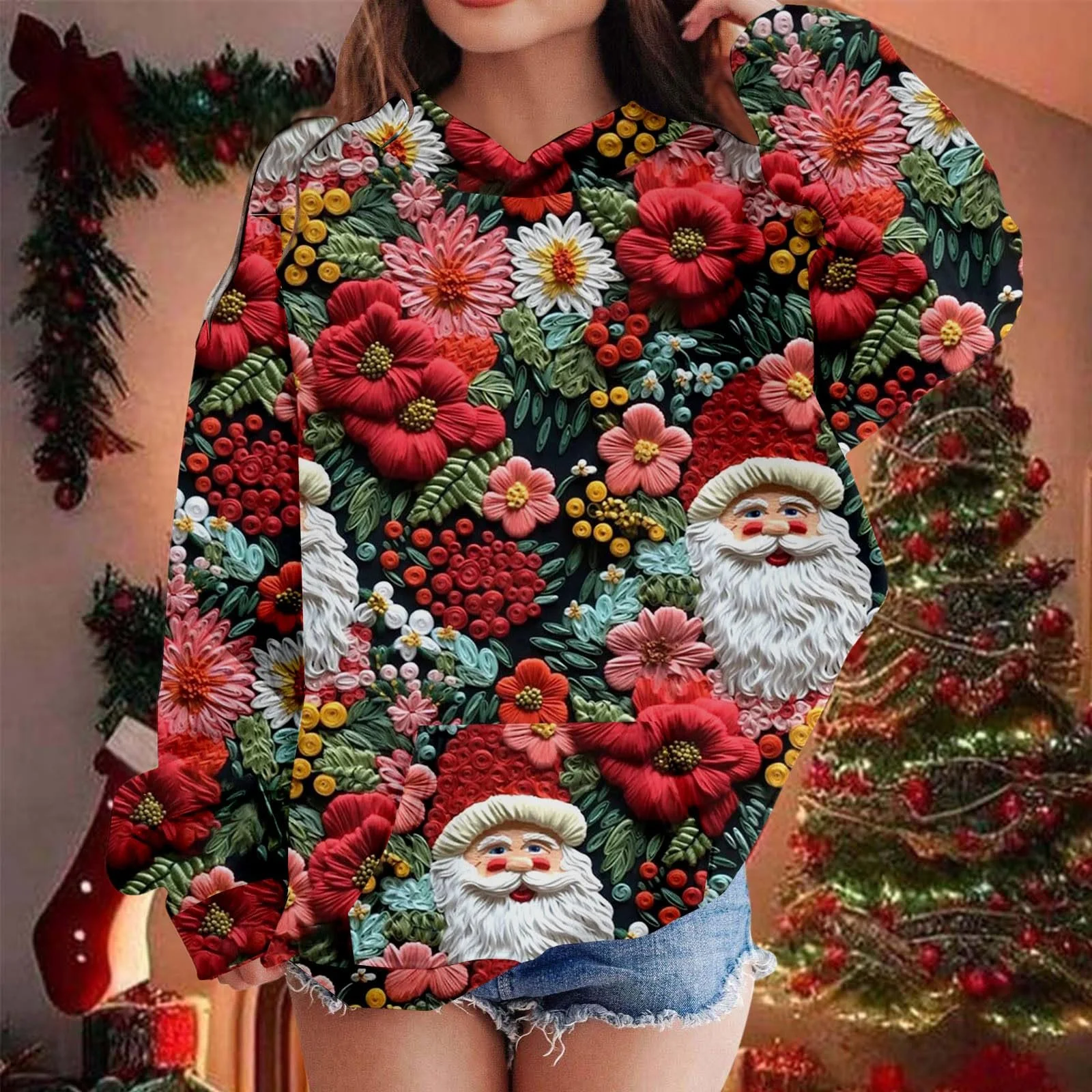 Худи Рождественский, для детей, цветной, с длинными рукавами и капюшоном, с оленем, фото №3