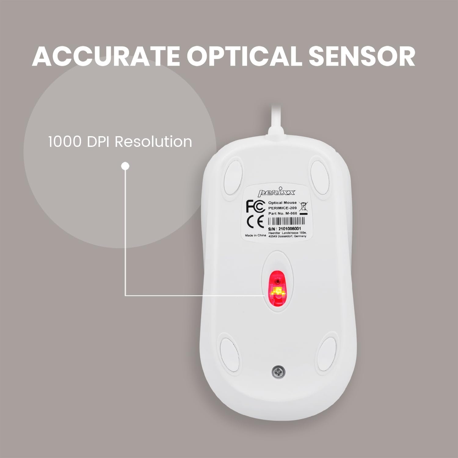 Миша Perixx PERIMICE-209M Оптична дротова USB 3 кнопки 1000 DPI Кабель 1,5 м Бежевий, фото №4