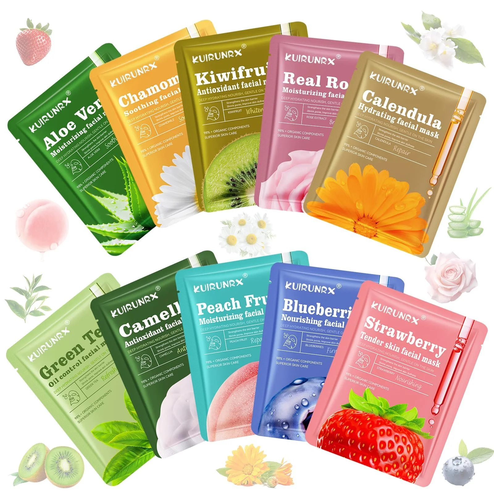Маска для обличчя KUIRUNRX® Набір 10 шт, Зволожуючі маски для щоденного догляду, фото №1
