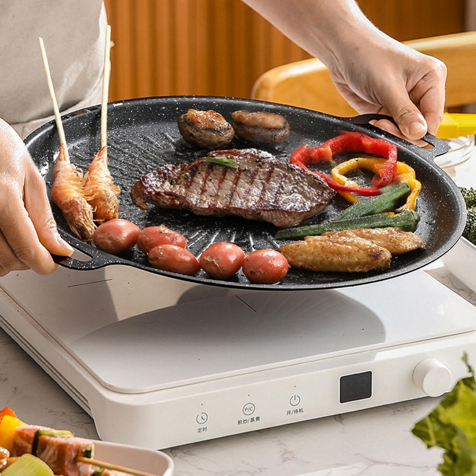Сковорода-гриль Кругла BBQ плита для гриля Індукційна багатофункціональна сковорода Антипригарна чавунна для газового гриля Сковороди для стейків Чавунна сковорода-гриль для плити, гриля, духовки та багаття, фото №3