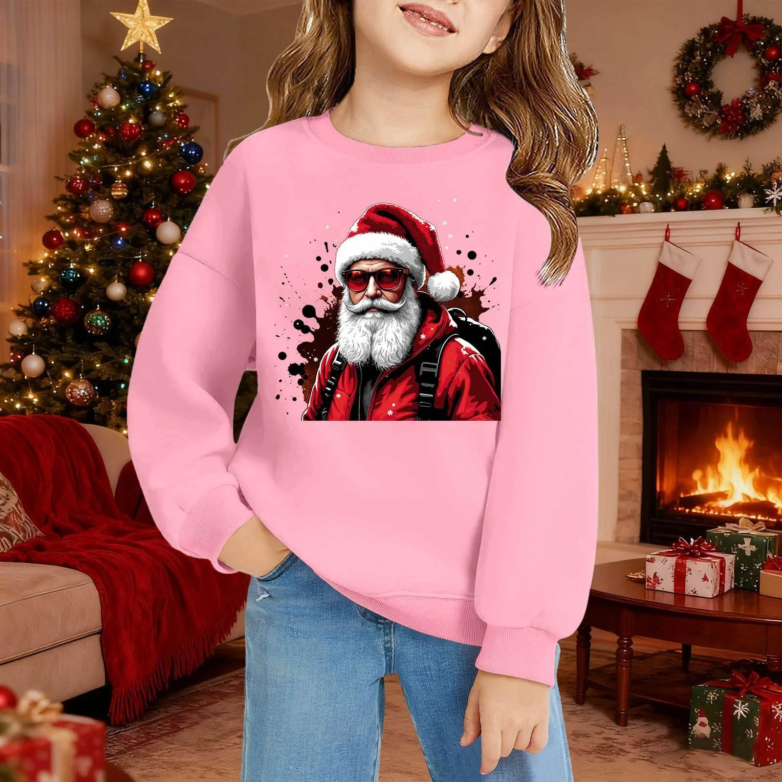 Пуловер для девочки с принтом, круглым вырезом и карманом, длинные рукава, теплый зимний, мягкая повседневная одежда, размер 140, фото №3