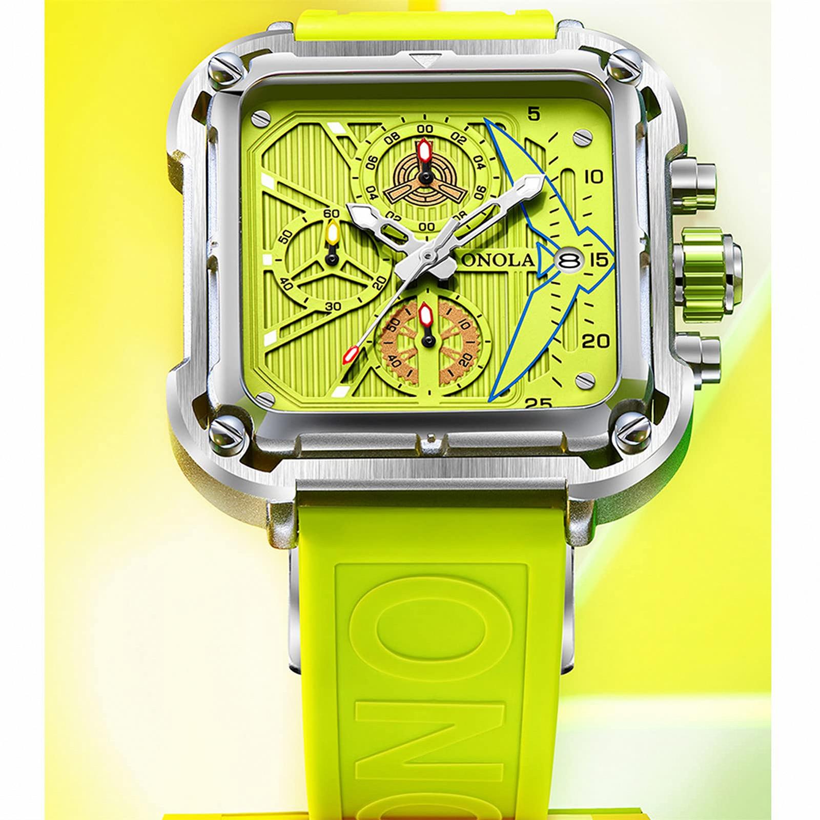 Годинник FORSINING Men's Fashion Square Large Dial Sports Chronograph Analog Qaurtz Чоловічий Наручний Годинник Бізнес Силіконовий Ремінець Зелений, фото №4