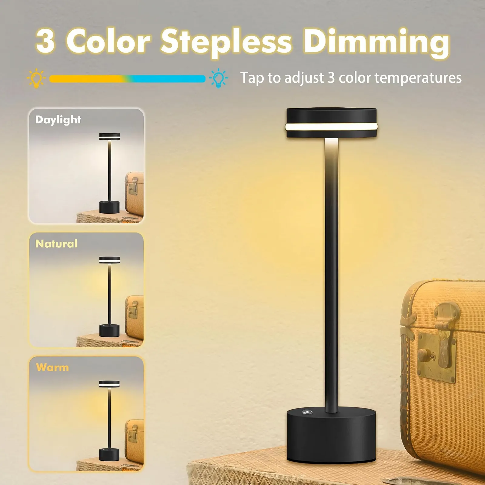 Настільна лампа LED бездротова алюмінієва сенсорна USB-C Чорний, фото №2