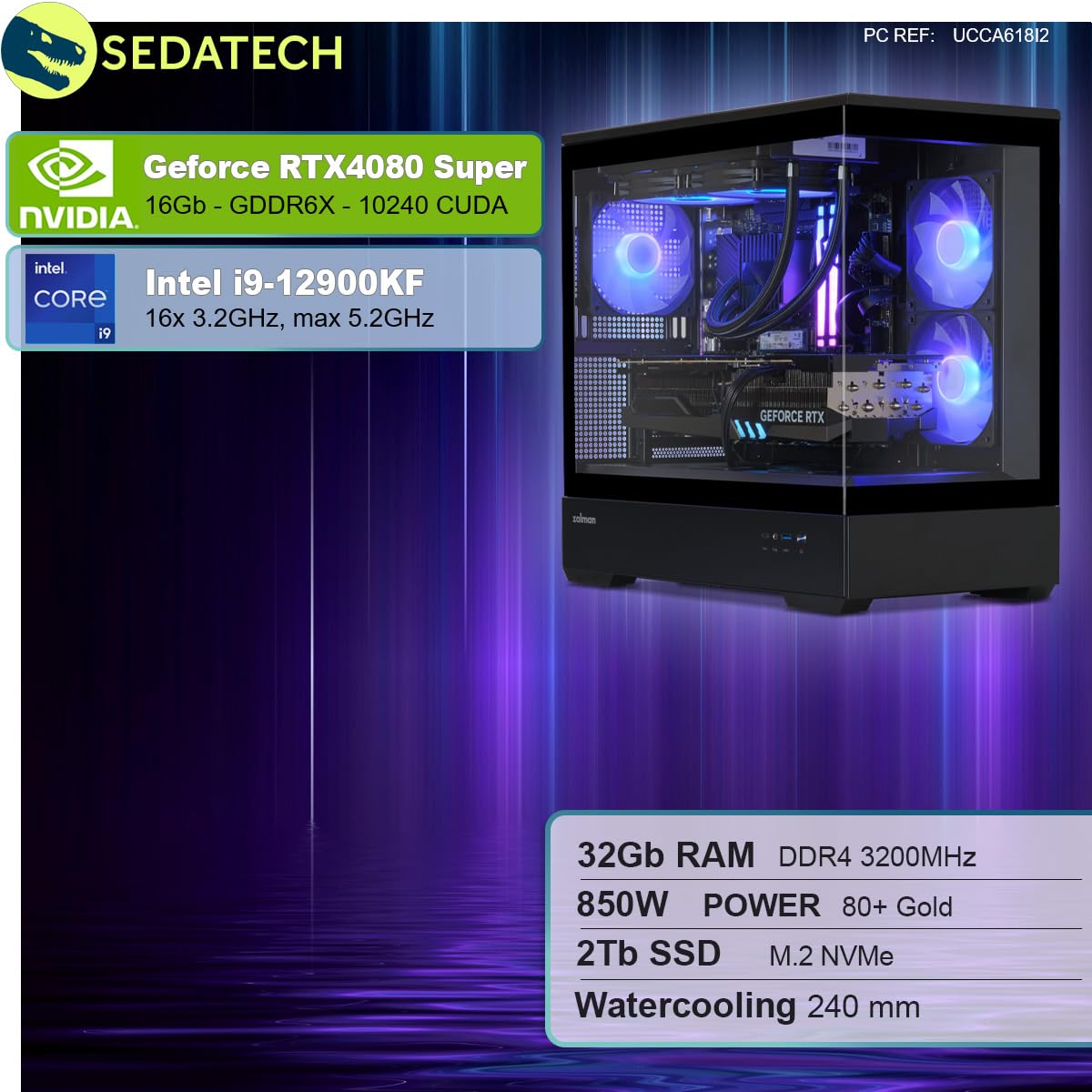 ПК для геймінгу з водяним охолодженням Sedatech Pro Gaming PC Full Vision • Intel i9-12900KF • RTX4080 Super • 32 ГБ RAM • 2 ТБ SSD M.2 • Без ОС, фото №2