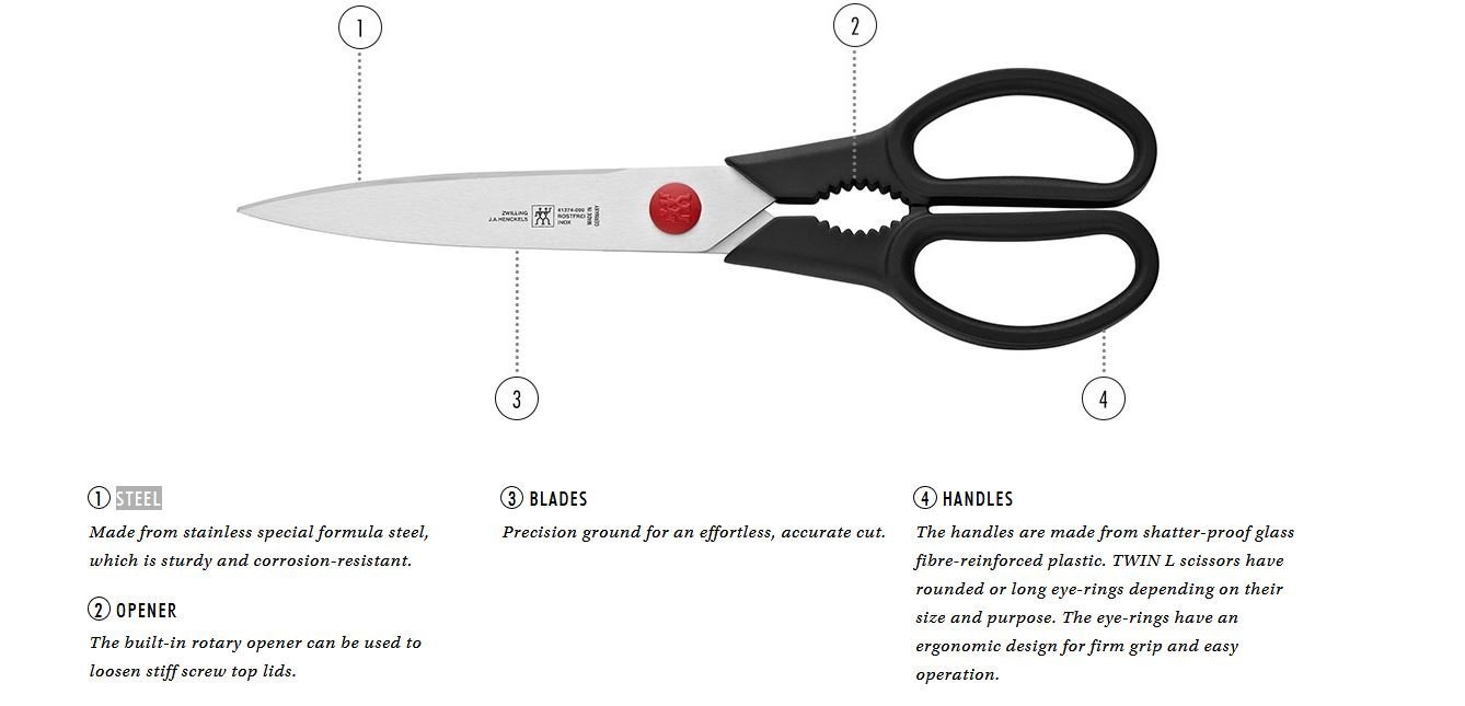 Набор ножей Zwilling Professional S, 3 шт., специальная сталь/пластиковая ручка с заклепками, черный и универсальные ножницы Twin L, длина: 21 см, специальная нержавеющая сталь/пластик, черный, фото №7