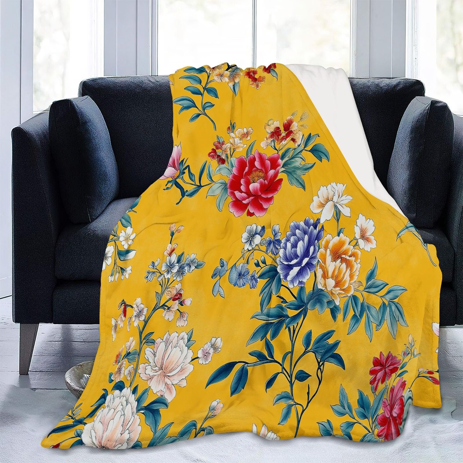Фланелева Покривало Жовта плюшева фланелева Покривало з теплими китайськими традиційними елегантними квітами, фото №3