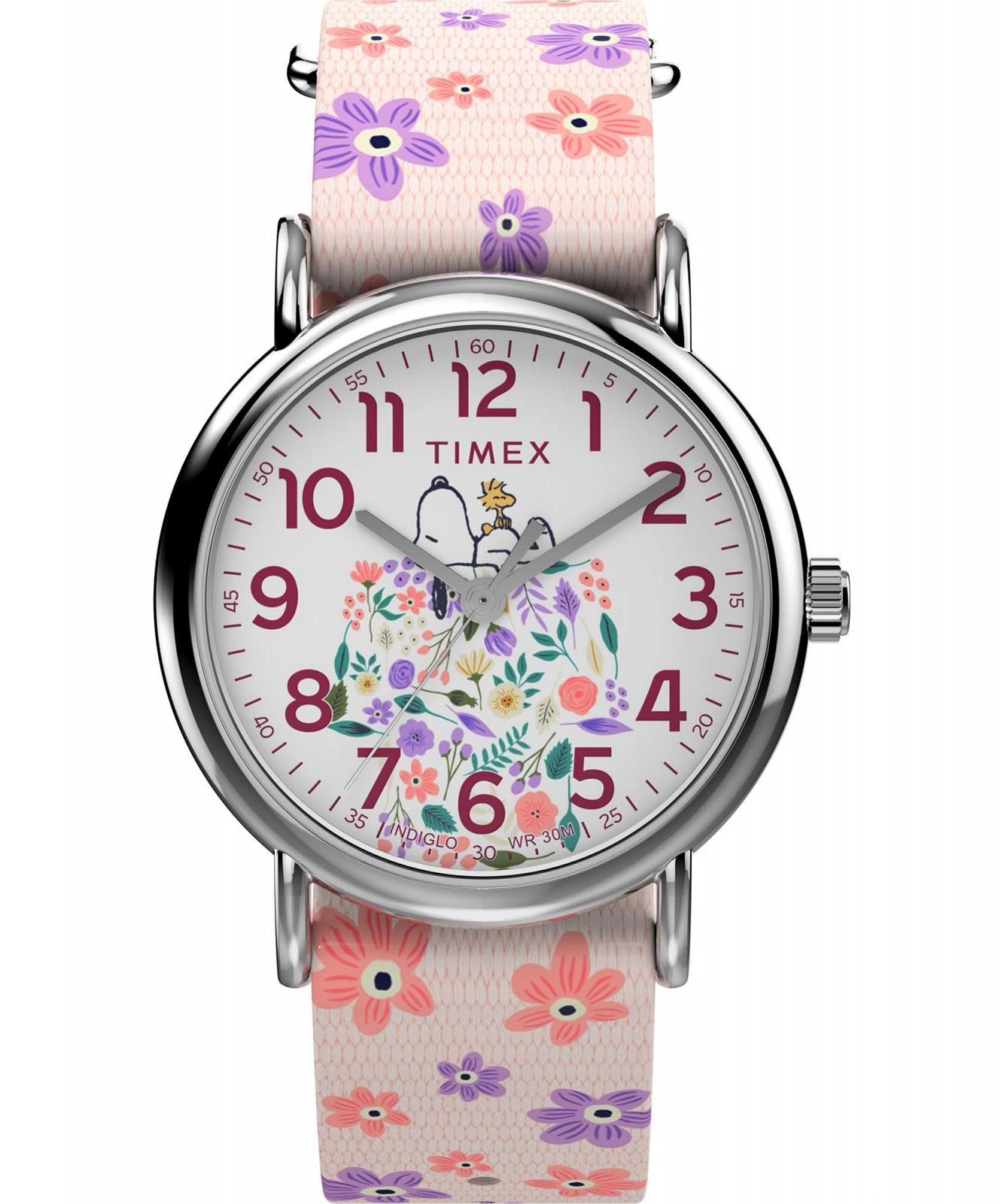 Женские часы Timex Peanuts Floral 38 мм - Розовый ремешок Белый циферблат Серебристый корпус, фото №1 Женские часы Timex Peanuts Floral 38 мм - Розовый ремешок Белый циферблат Серебристый корпус, фото №1