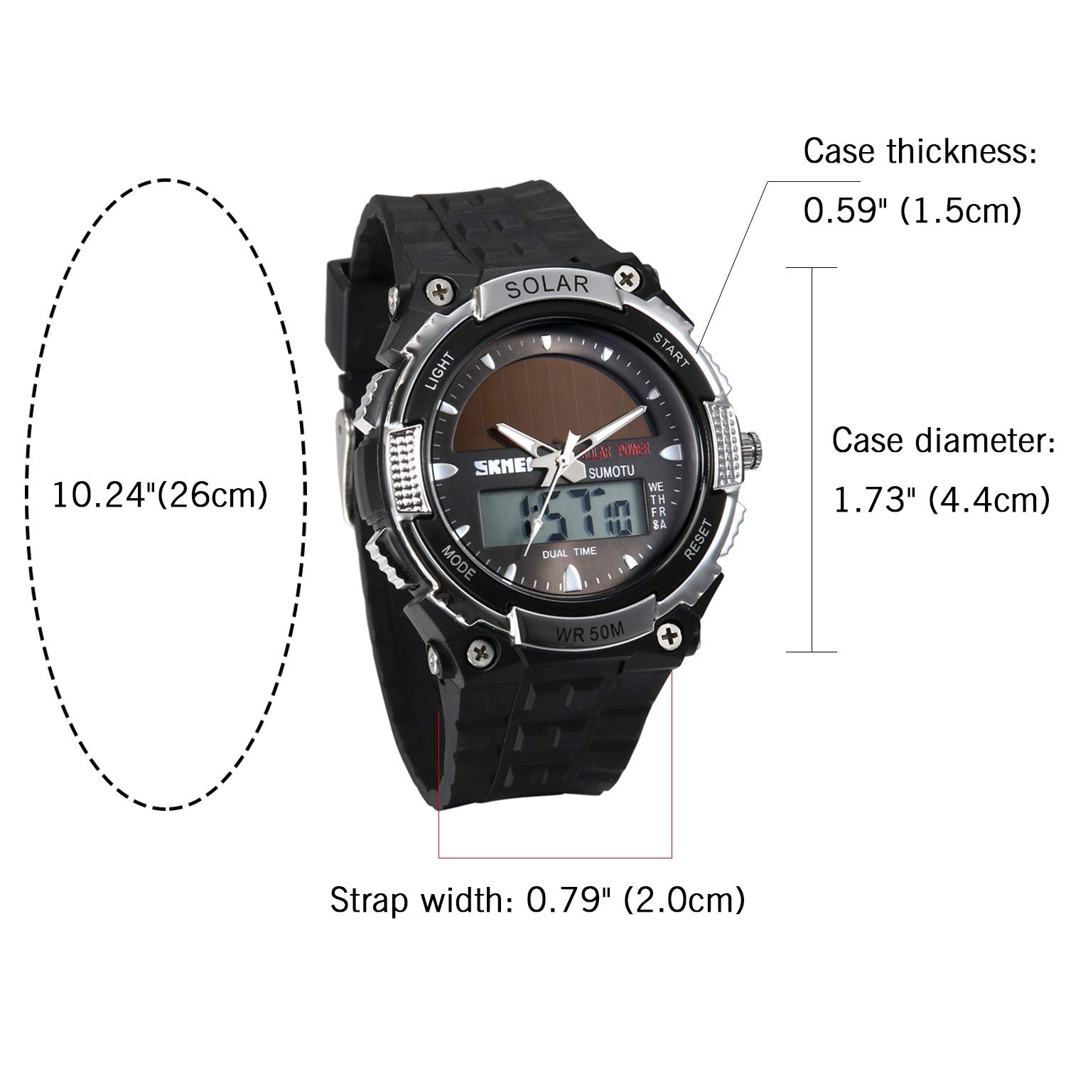 Часы Avaner Solar Мужские Аналоговые Цифровые Кварцевые с Двумя Часовыми Зонами Водонепроницаемые Спортивные с Резиновым Ремешком LED Подсветка Секундомер, фото №7