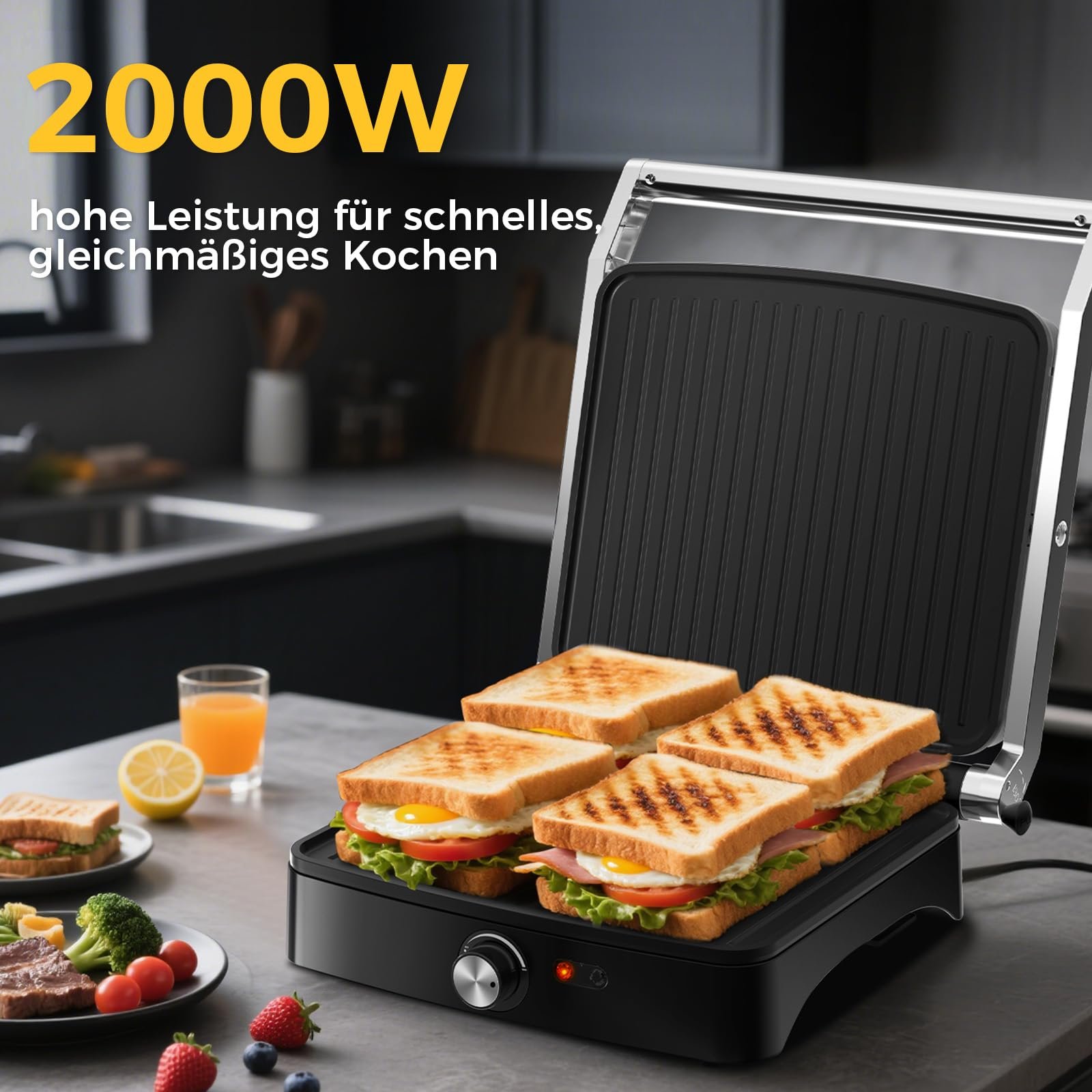 Контактний гриль YASHE 2000W, гриль для паніні на 4 скибочки, відкриття на 180


 градусів, антипригарні пластини, регульована температура, ручка Cool Touch, піддон для збору жиру, сріблястий/нержавіюча сталь, фото №3