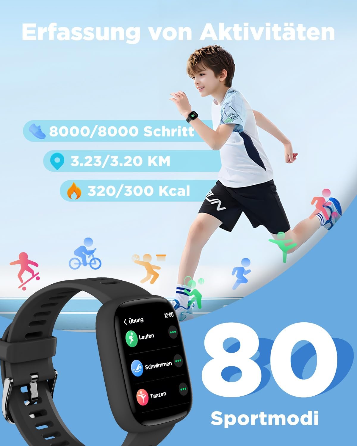 Смарт-годинник BIGGERFIVE Kids BRAVE 2, 1.8 дюйма, крокомір, цілодобовий пульсометр, IP68 водонепроникний, монітор сну, будильник, 5 головоломок, фітнес-трекер для дівчаток, хлопчиків, підлітків 5-16 років, фото №3