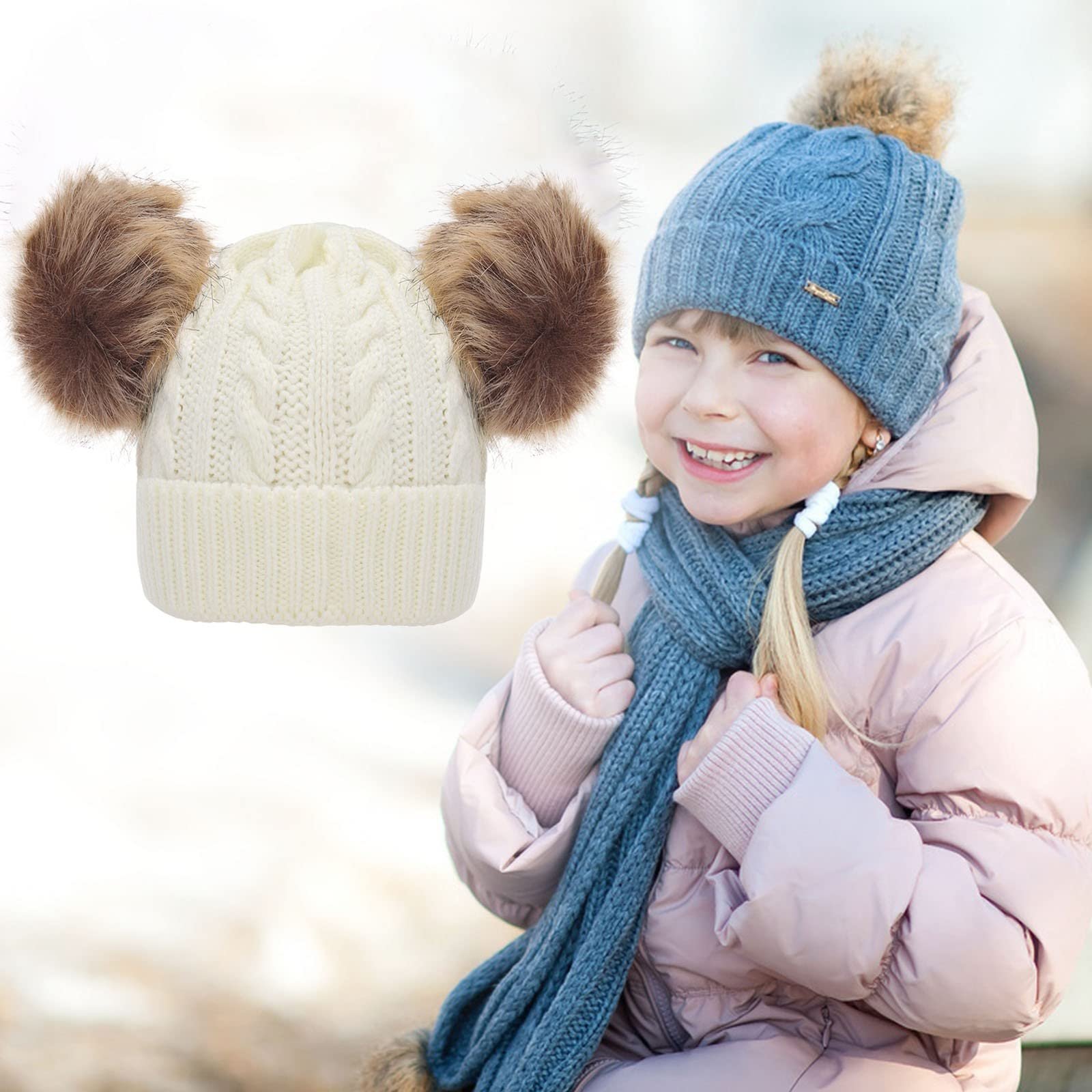 Детская Зимняя Шапка с двумя шерстяными шариками Вязаная, фото №4