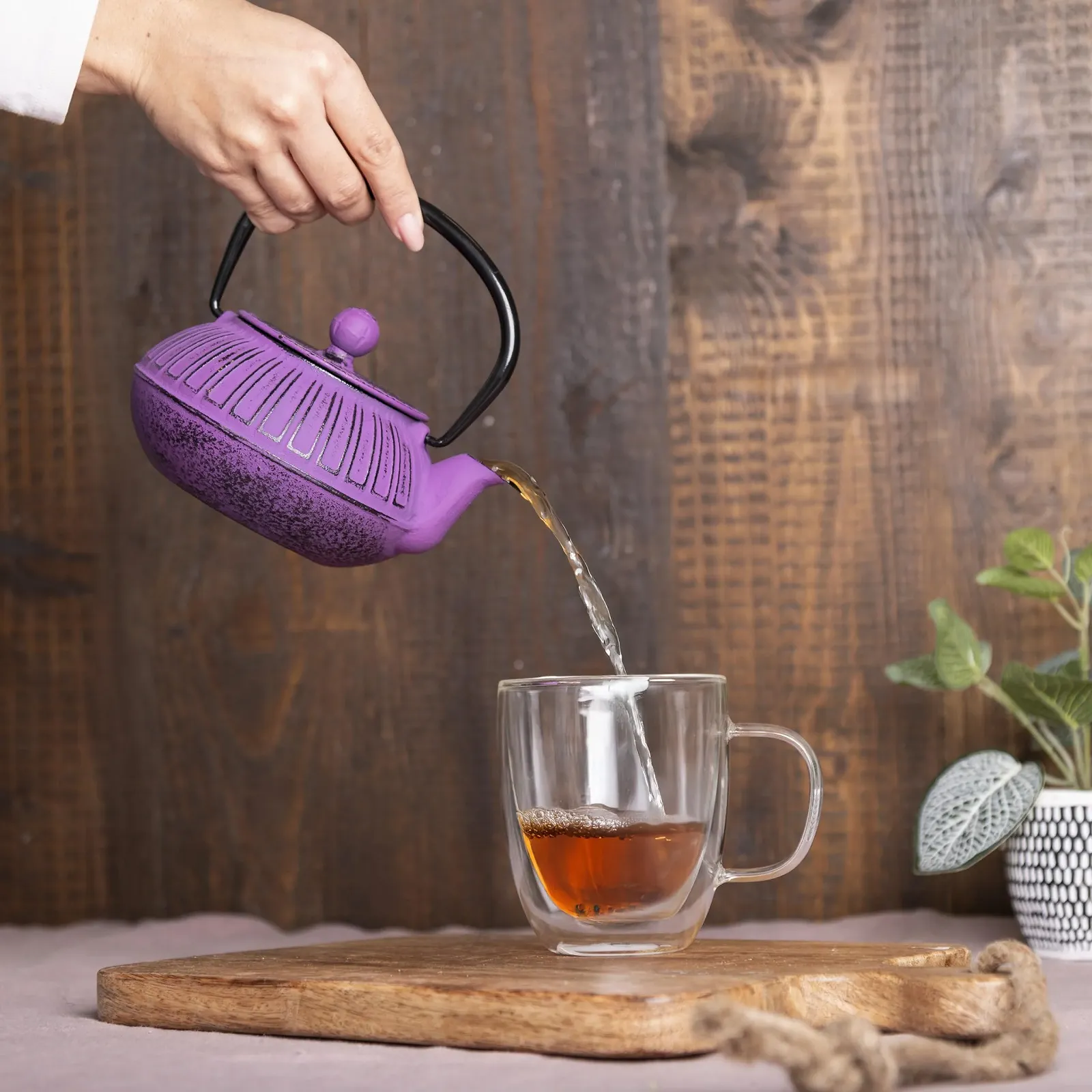 Чайник-заварник Чавунний 600 мл Складана Ручка Фільтр з Нержавіючої Сталі Фіолетовий, фото №3