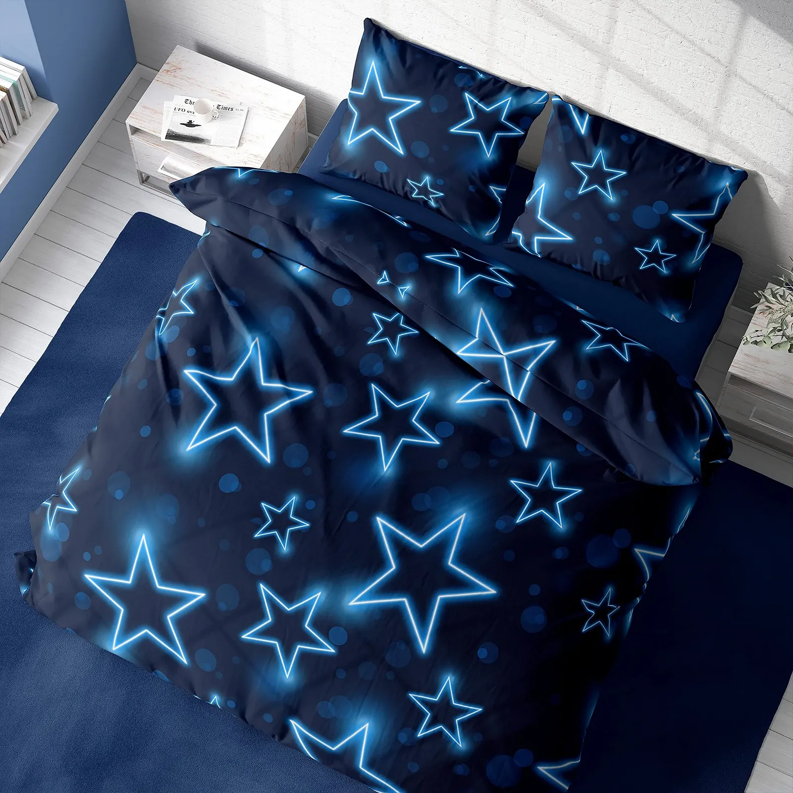 Комплект постільної білизни one-home мікрофібра зірки синій 3 предмети 200 x 200 см на блискавці, фото №4