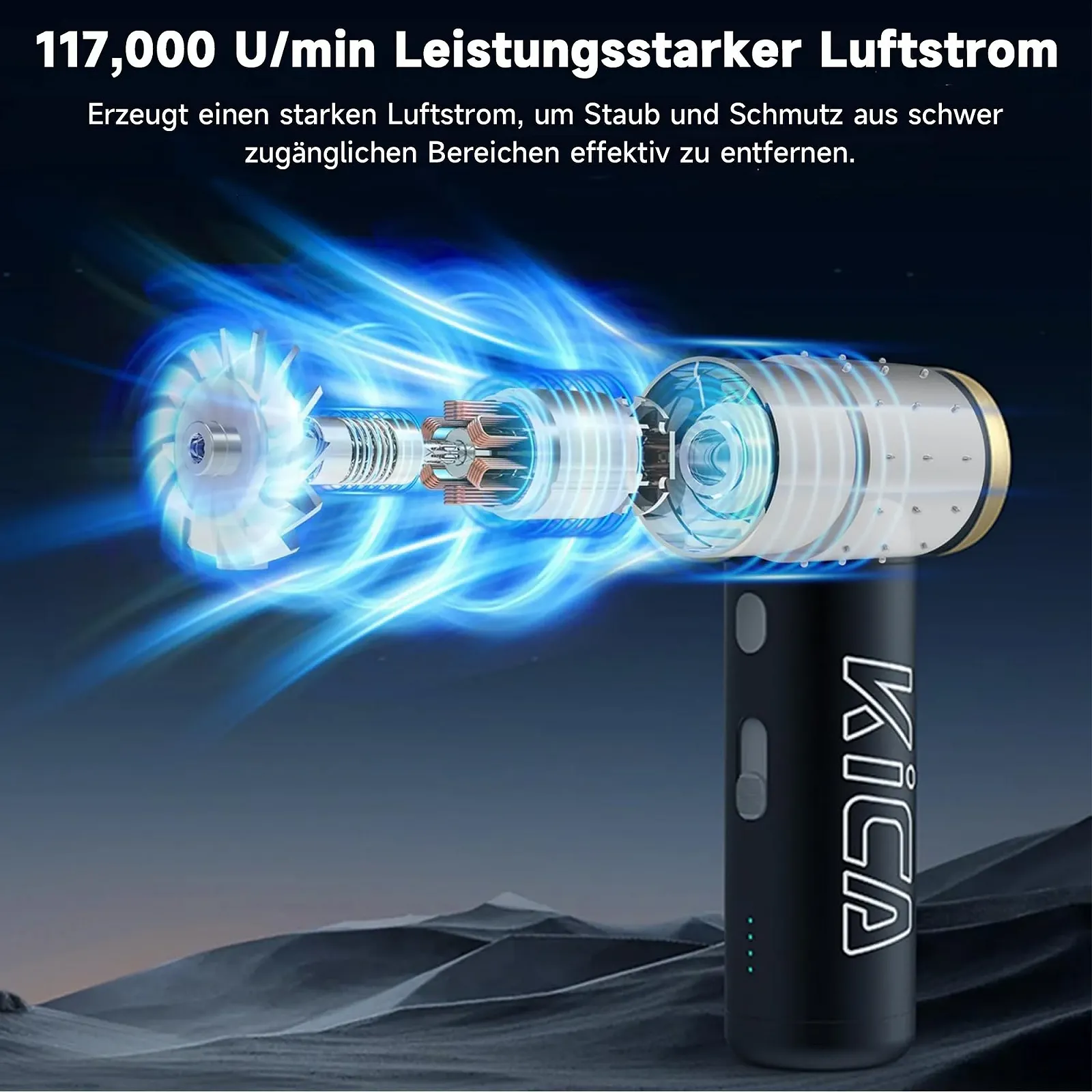 Электрическая воздуходувка Kica JetFan 2S Металлическая 117000 об/мин Бесступенчатая регулировка и кнопка Turbo Синяя, фото №2 Электрическая воздуходувка Kica JetFan 2S Металлическая 117000 об/мин Бесступенчатая регулировка и кнопка Turbo Синяя, фото №2