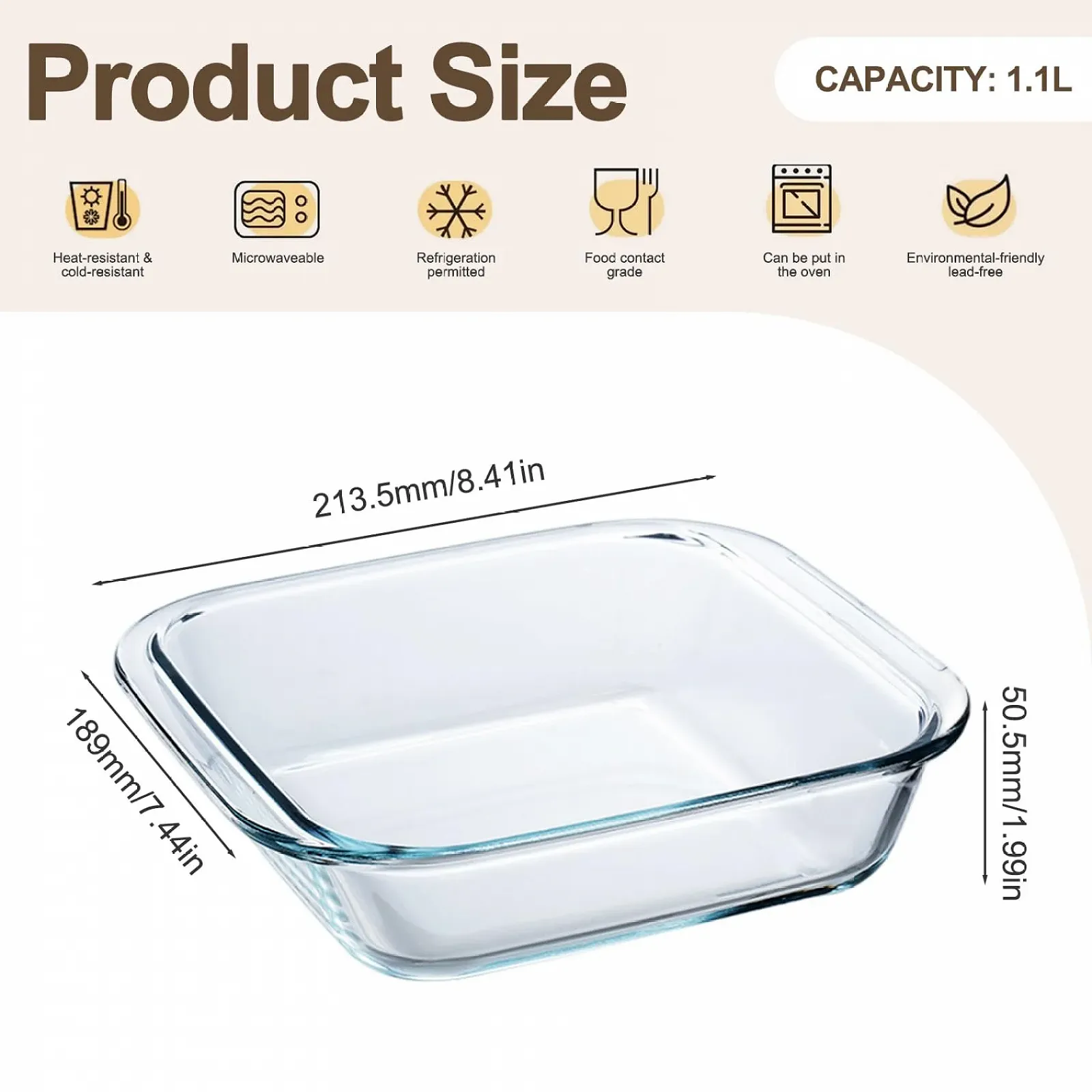 Форма для запікання скляна 8 x 7 x 2 дюйми квадратна термостійка до 400 °C для духовки аерофритюрниці, фото №3 Форма для запікання скляна 8 x 7 x 2 дюйми квадратна термостійка до 400 °C для духовки аерофритюрниці, фото №3