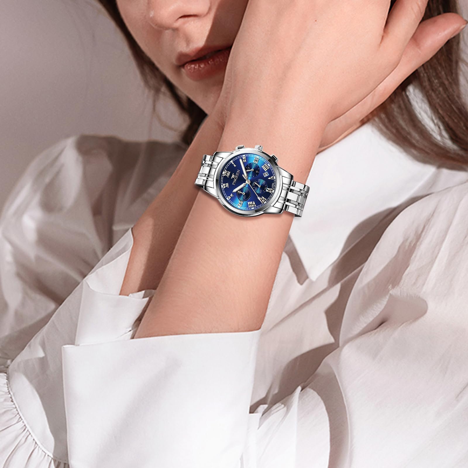 Женские часы JewelryWe, нержавеющая сталь, люминесцентные стрелки, календарь даты, 30 м водонепроницаемость, аналоговые, кварцевые, синий циферблат с римскими цифрами, серебряный браслет из нержавеющей стали JW374P0042, фото №4