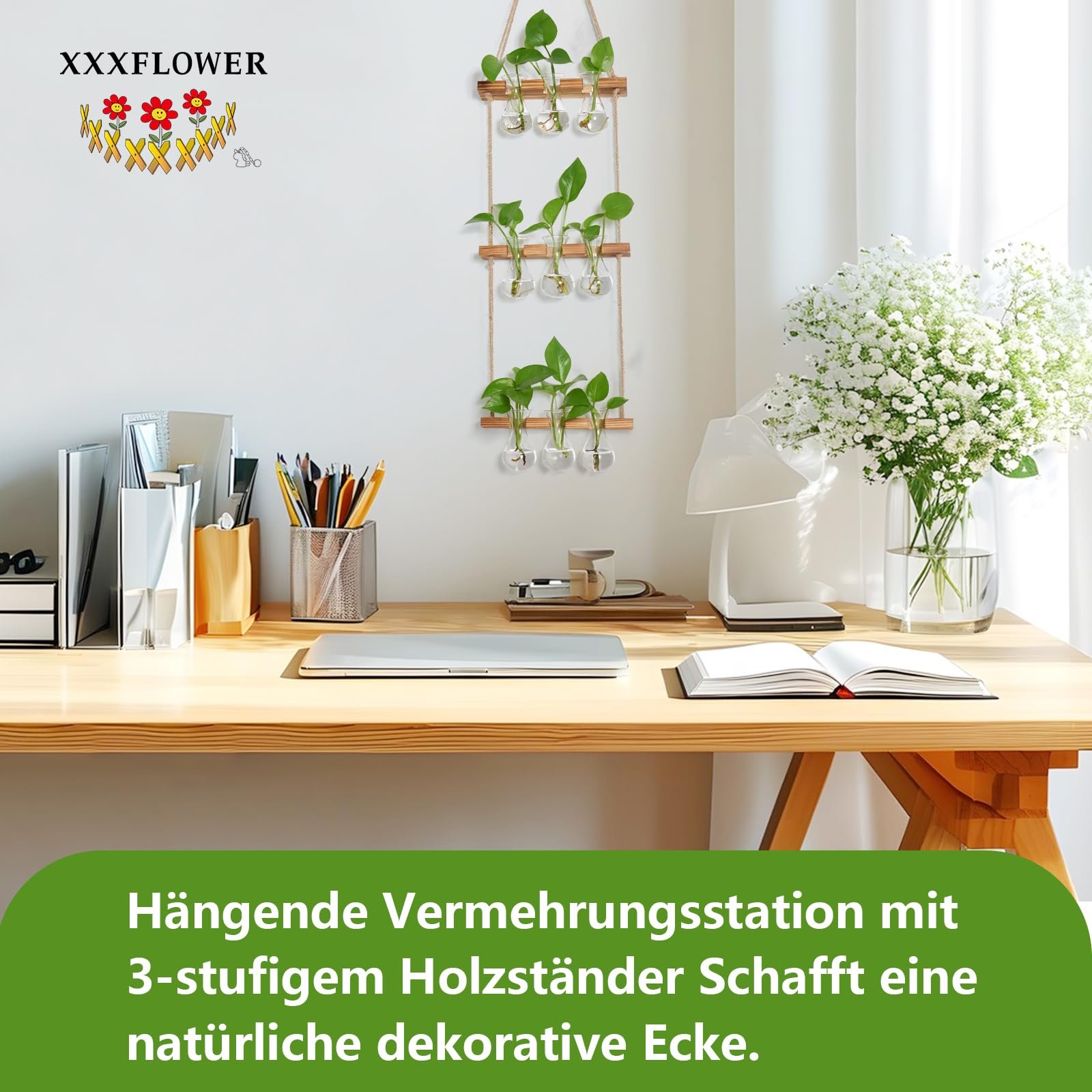 Станція для розмноження рослин XXXFLOWER Small Teardrop 3-рівнева з 9 скляними вазами та сосновою підставкою Прозорий/Натуральне дерево, фото №5