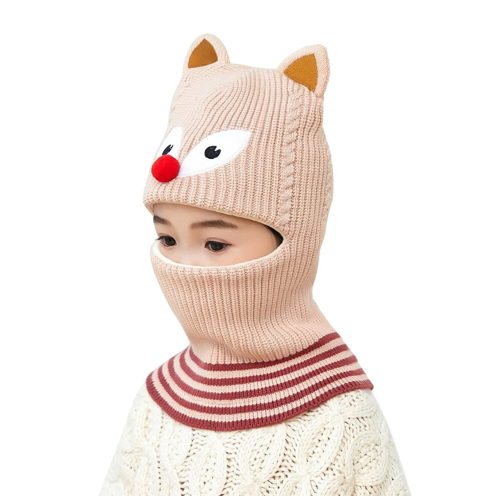 Зимняя Шапка Детская - Вязаная Теплая Шапка-Капюшон Шарф Теплый Набор для Новорожденных Милые Весенние Зимние Осенние Наборы Искусственный Мех Помпоны Теплые Шапки для Малышей Детей 2-6 Лет, фото №1