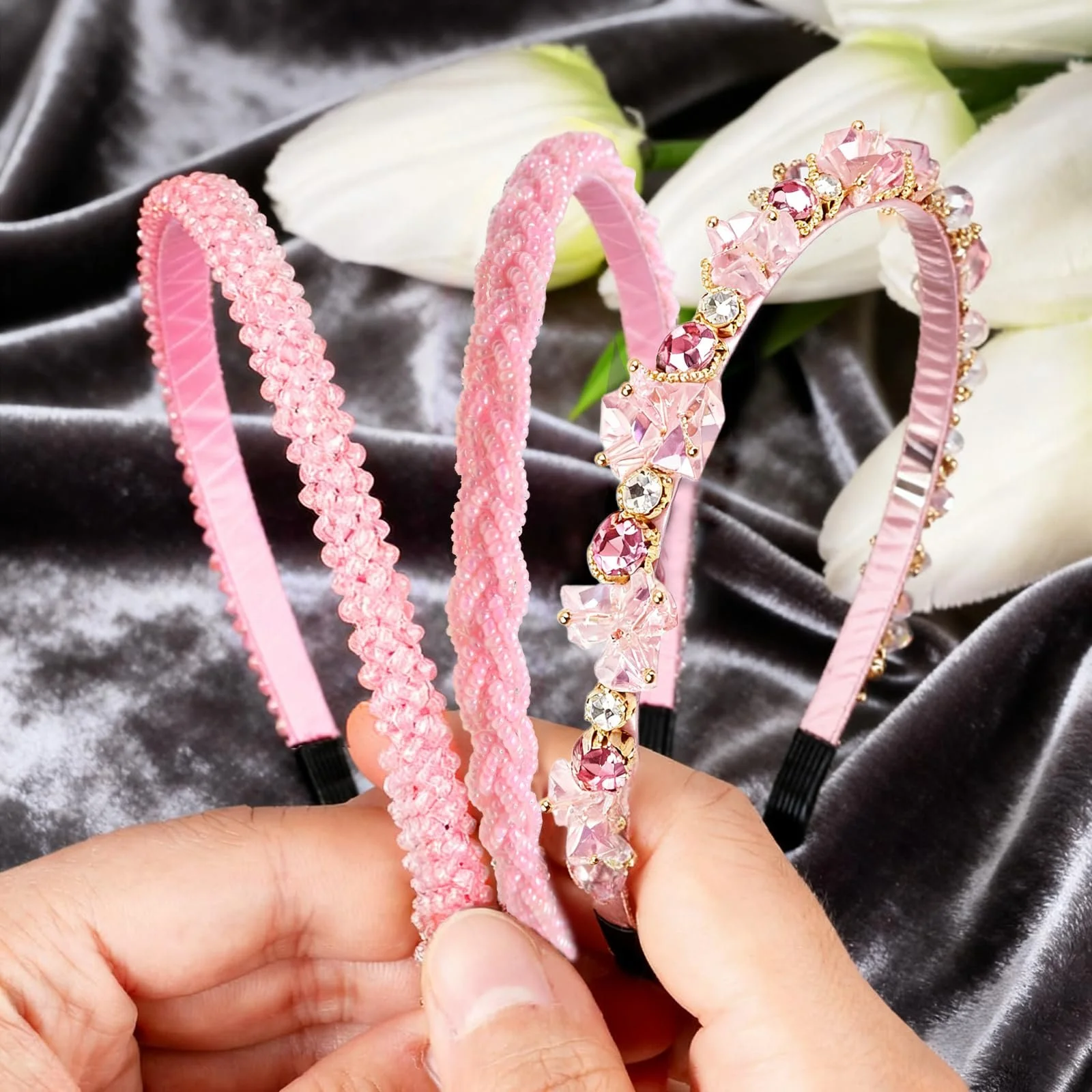 Набор обручей на голову со стразами, 3 шт., фото №4