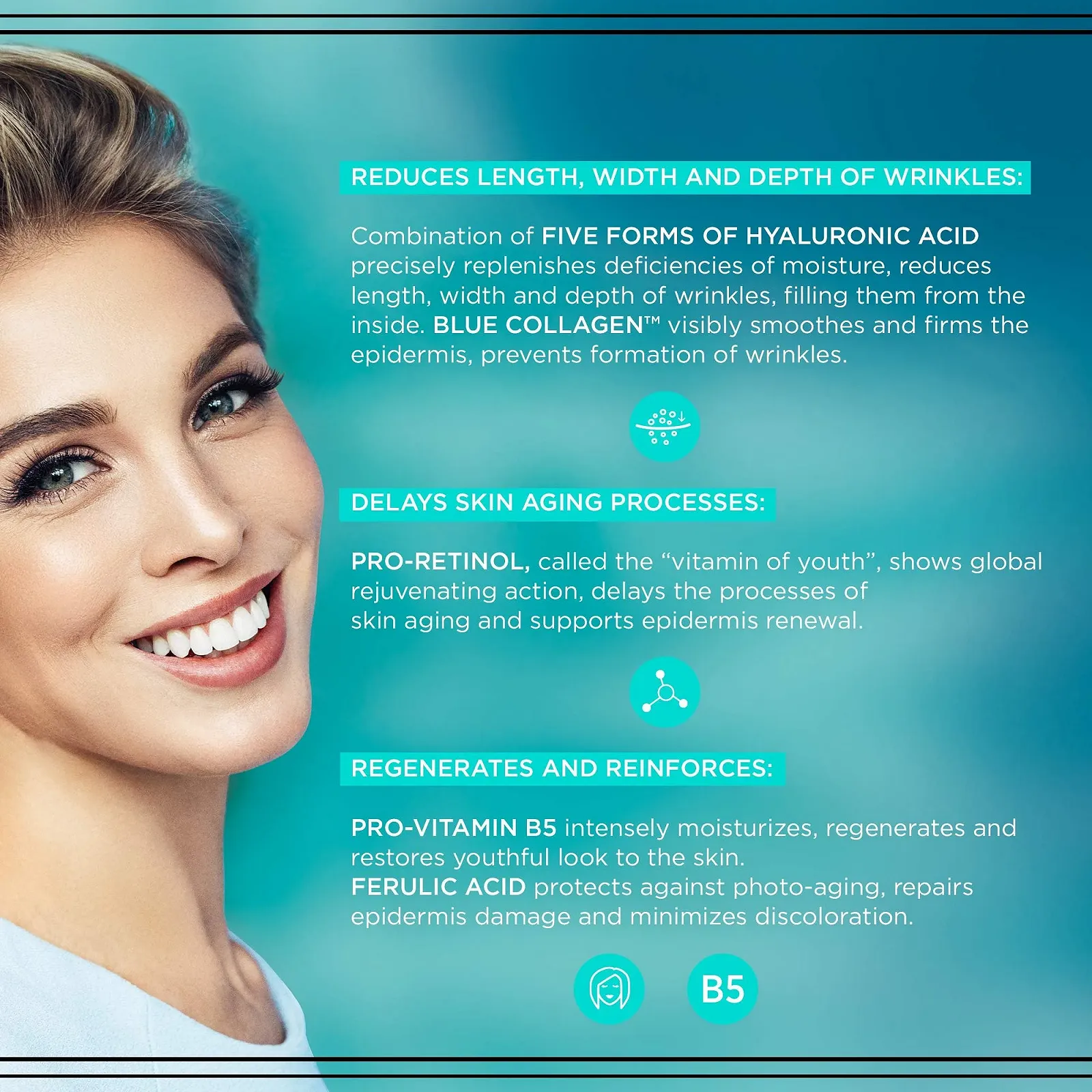 Крем для обличчя денний та нічний Eveline Cosmetics Hyaluron Expert 60+ Антивіковий з TRI-HYALURON Ever Lift Complex та Blue Collagen, фото №4 Крем для обличчя денний та нічний Eveline Cosmetics Hyaluron Expert 60+ Антивіковий з TRI-HYALURON Ever Lift Complex та Blue Collagen, фото №4