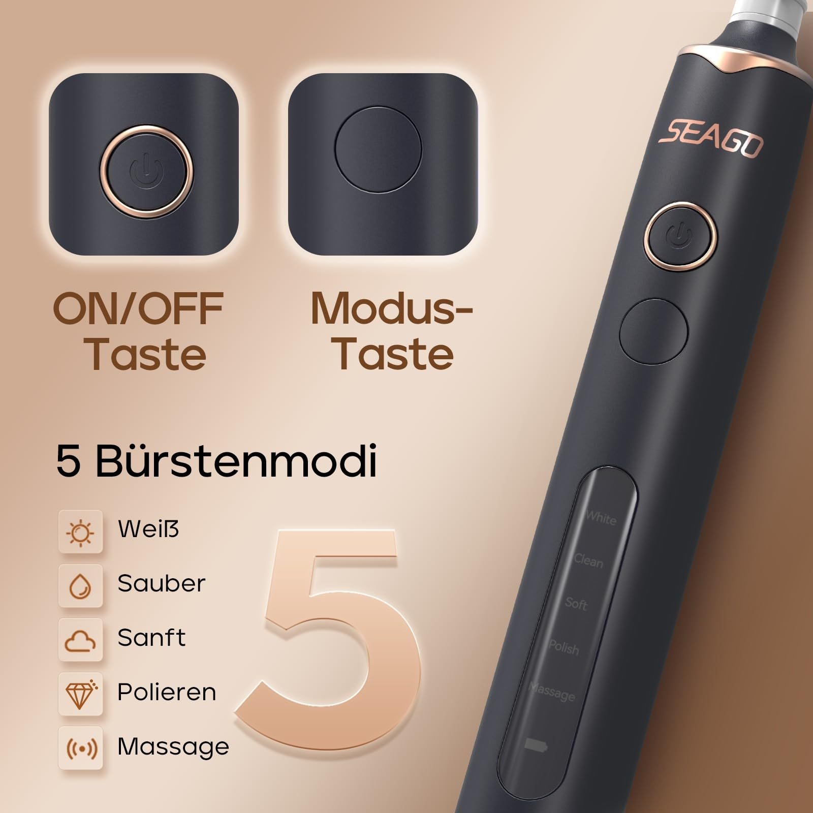 Електрична звукова зубна щітка Seago 5 режимів Чорний, фото №4