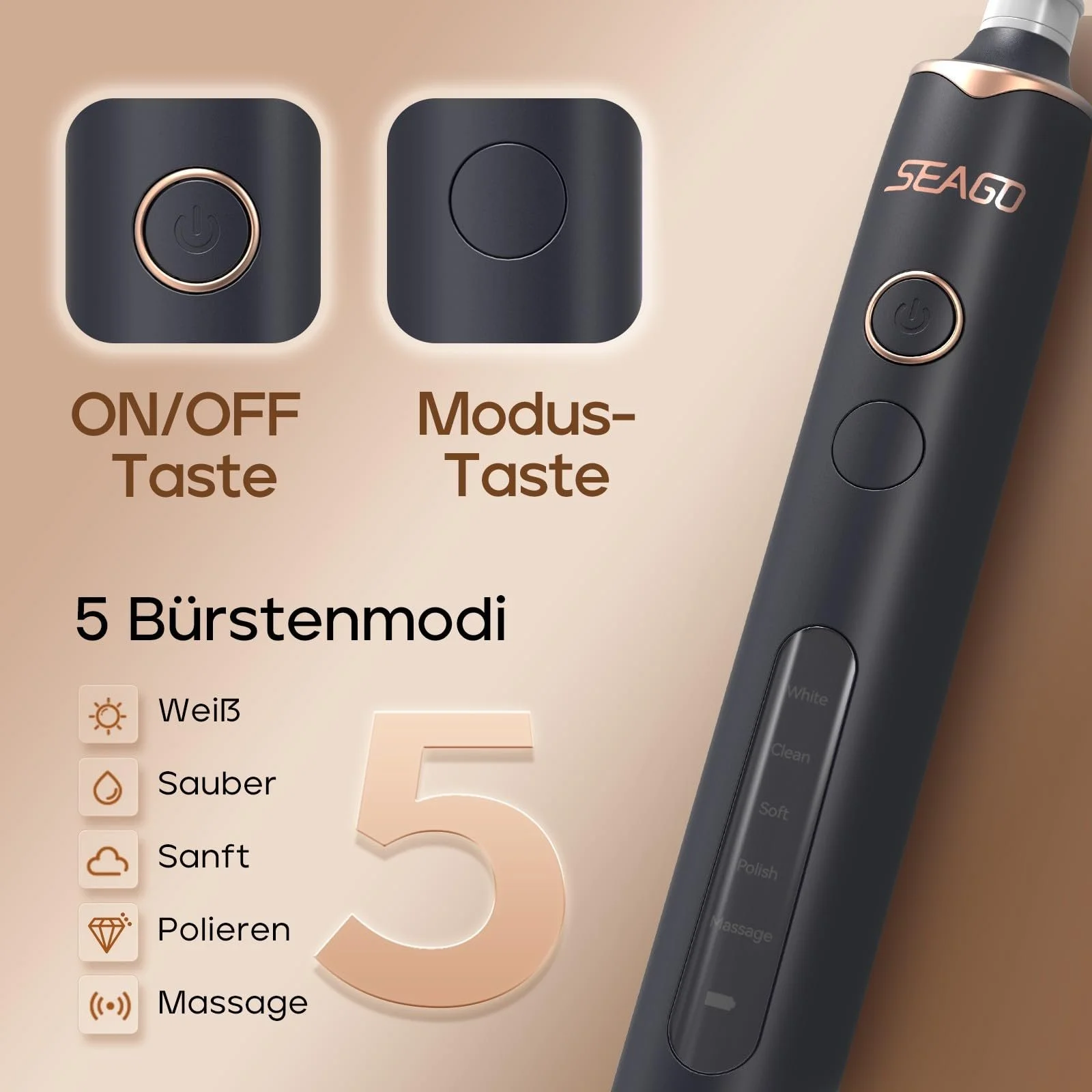 Электрическая звуковая зубная щетка Seago 5 режимов Черный, фото №4