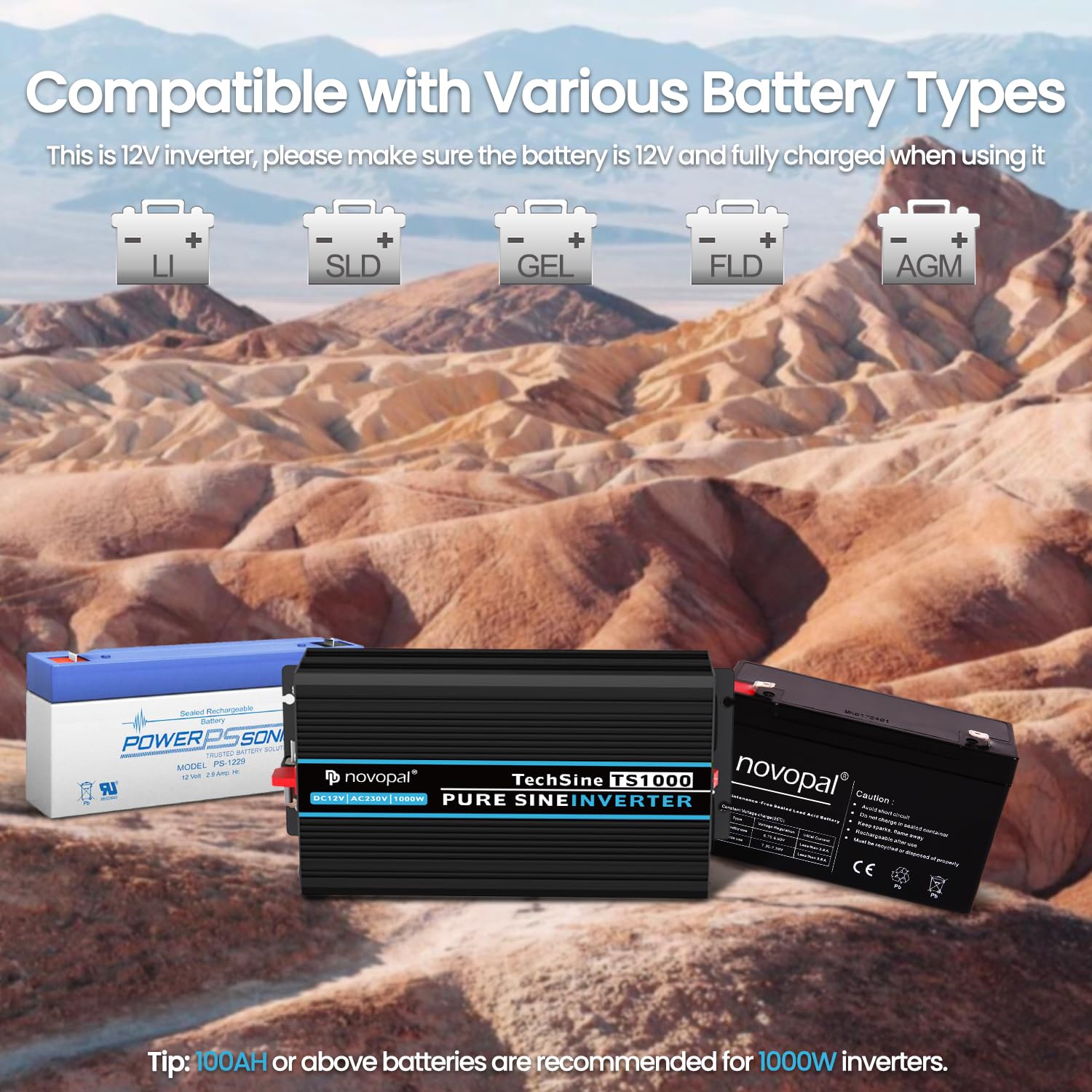 Інвертор Novopal Voltage Converter 1000 Вт з чистою синусоїдальною хвилею 12 В до 230 В з 2 євро розетками та USB портом з дистанційним управлінням на 5 метрів, фото №5