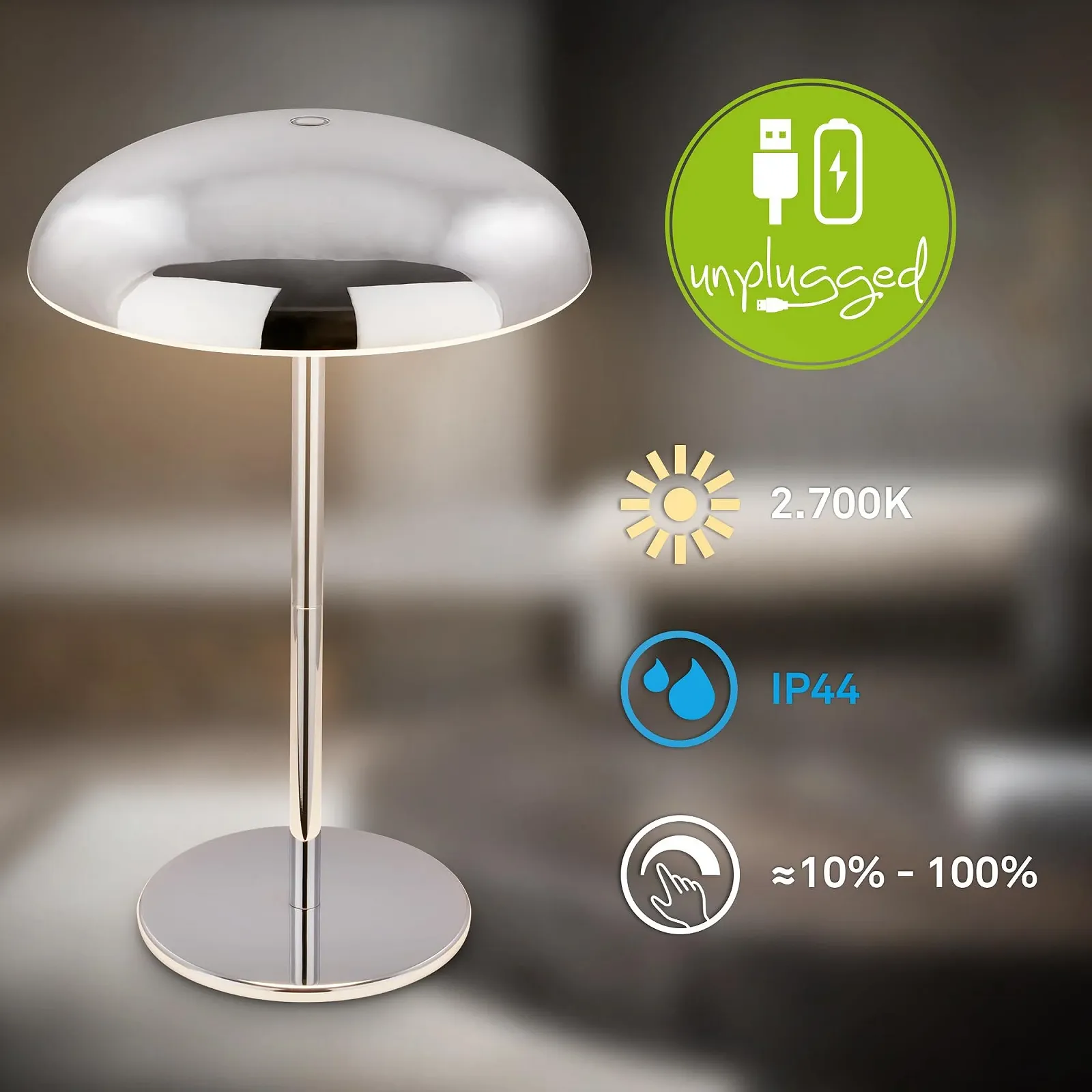 Светодиодная настольная лампа BRILONER Беспроводная IP44 Сенсорная Аккумуляторная Хром 19.5 x 30.5 см, фото №2