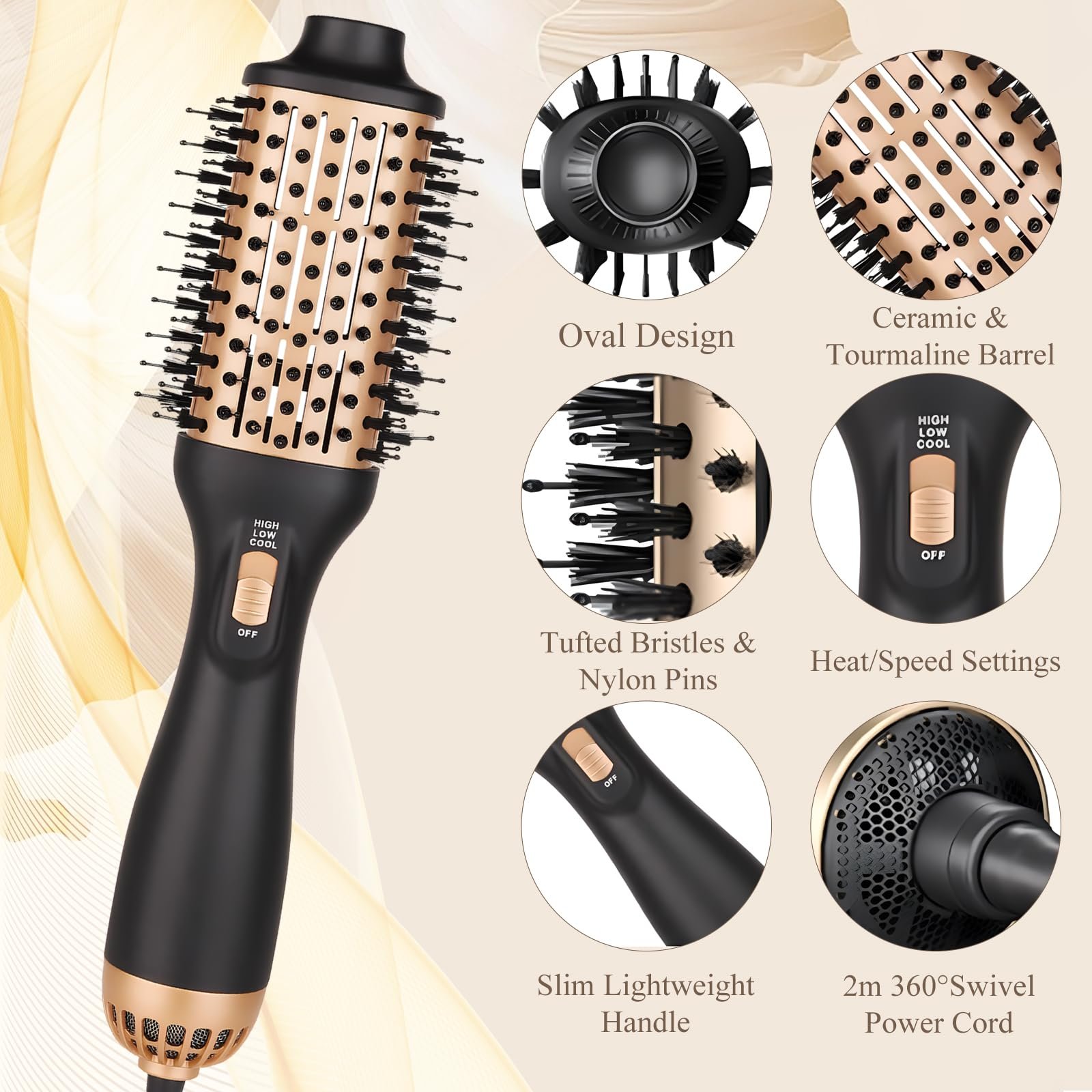 Фен-щітка Bizcasa Professional 4-in-1 1000 W з іонізацією золотиста, фото №3 Фен-щітка Bizcasa Professional 4-in-1 1000 W з іонізацією золотиста, фото №3