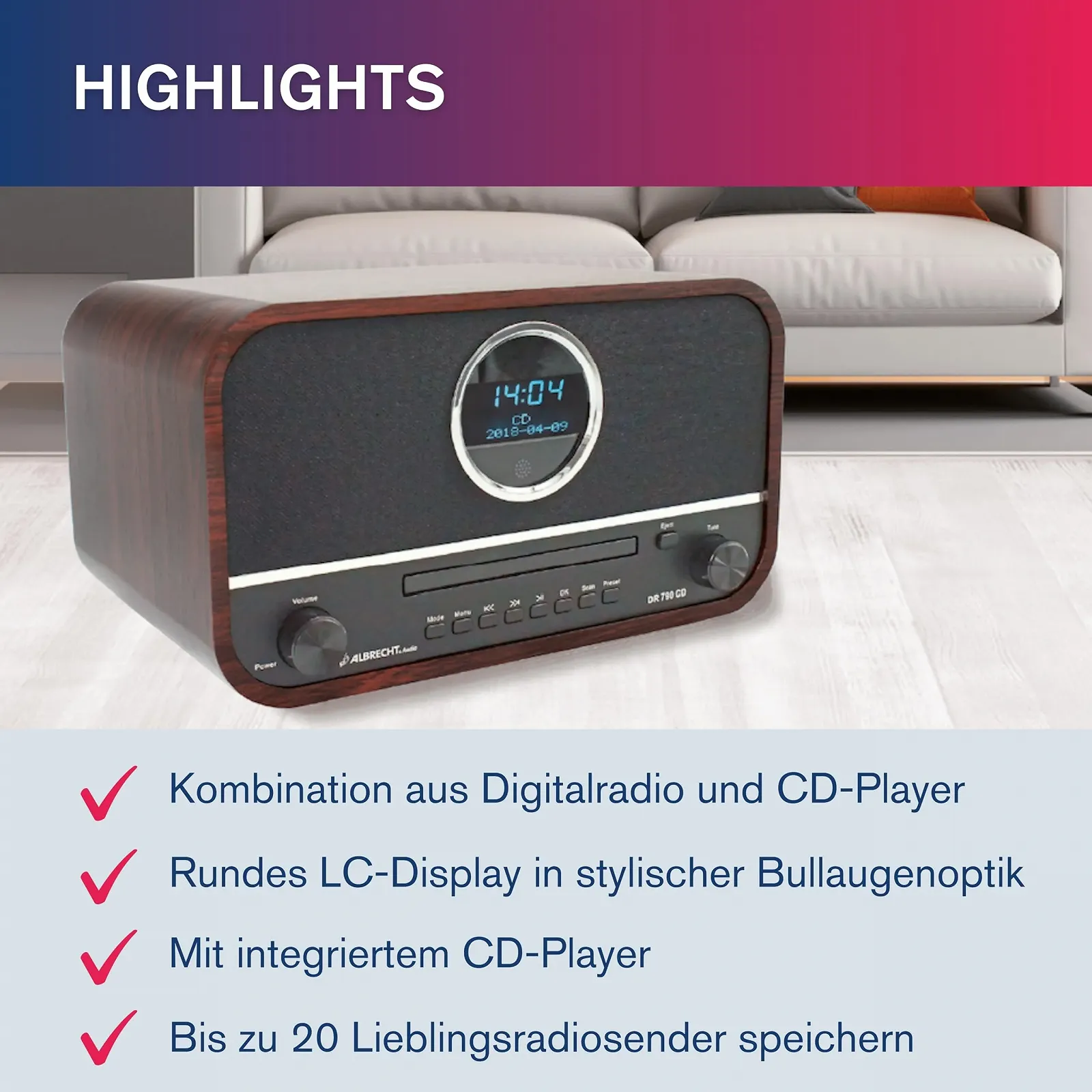Цифровое радио DAB+ Albrecht DR790CD, 27790, многофункциональное, включая CD-проигрыватель и Bluetooth, темно-коричневый деревянный корпус, фото №4