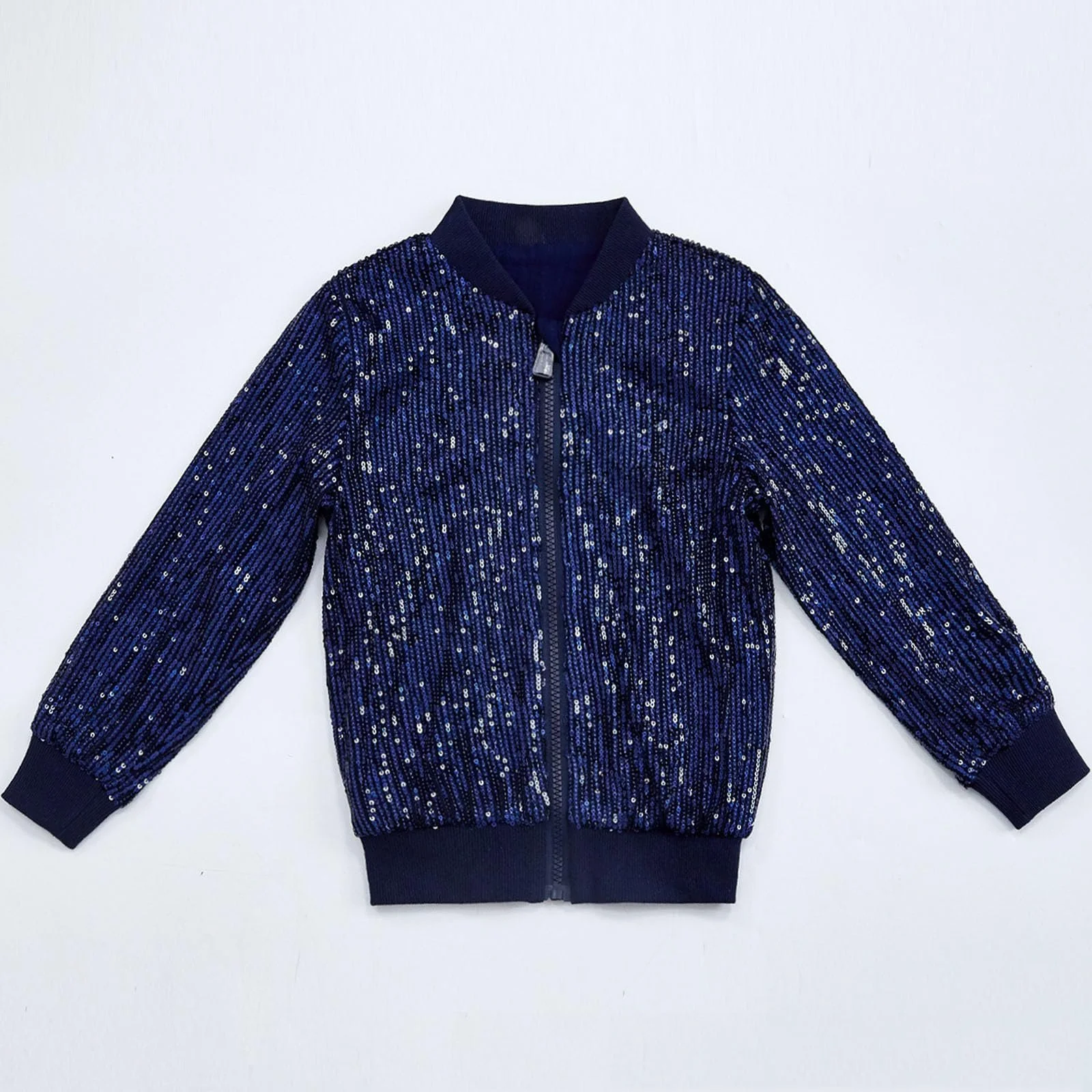 Куртка-бомбер для девочек с пайетками, детская, с длинными рукавами, карманами, на молнии, для весенне-осенних образов, золотистая с блестками, фото №4