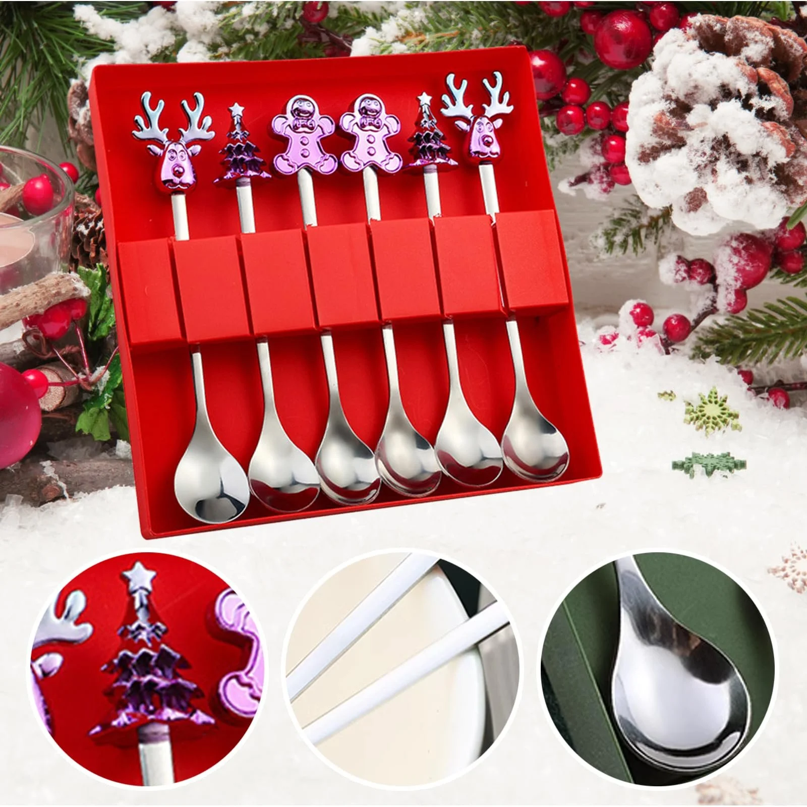 Ложка новогодняя, Ложка для кофе новогодняя, Набор новогодних ложек, Ложка с лосем, Ложка для смешивания, Ложка из нержавеющей стали с лосем, Ложка для кофе с лосем, Десертная ложка (6, Серебряная), фото №6