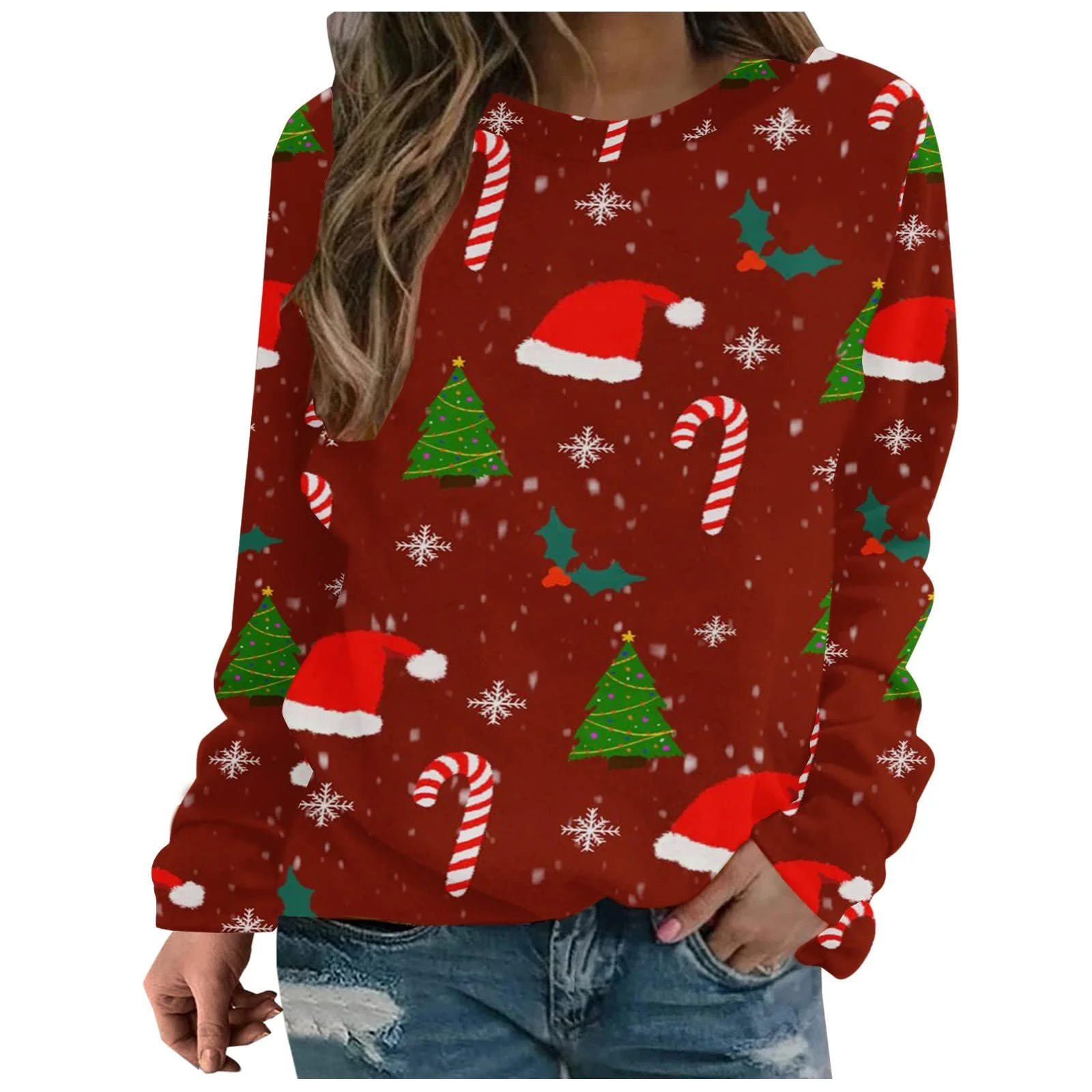 Женский Рождественский Свитшот с Круглым Вырезом и Длинным Рукавом с Принтом, Рождественский Джемпер, Забавный Графический Рождественский Джемпер, Элегантный Шикарный Свитер, фото №1
