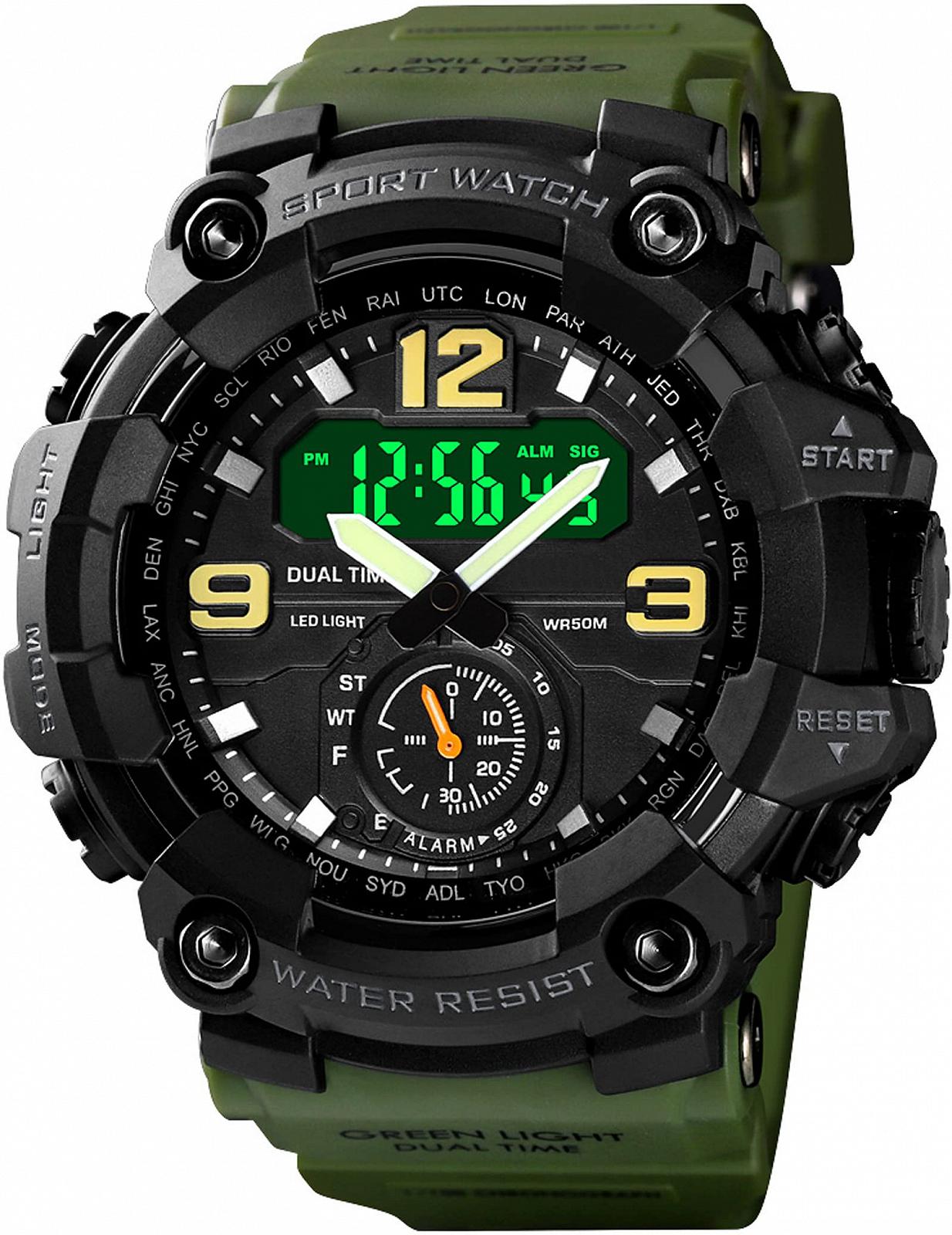Часы Digital findtime Большие для мужчин и мальчиков 5ATM Водонепроницаемые Спортивные 12-24H Будильник Дата Секундомер Три часовых пояса Военные тактические, фото №1