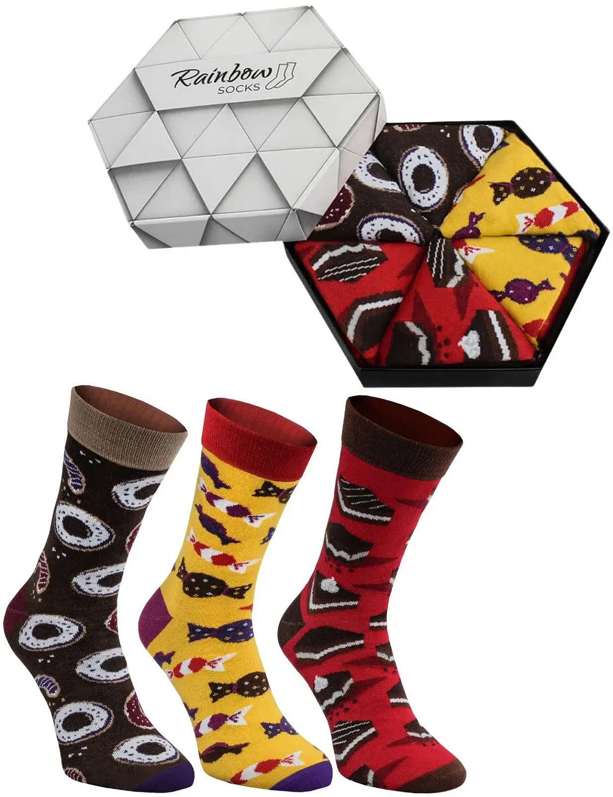 Носки Rainbow Socks - Женские/Мужские Смешные носки Dark Sweetest Socks Box - 3 пары - Пончик, Конфета, Пирожное - Размеры 36-40, Разноцветные, фото №1 Носки Rainbow Socks - Женские/Мужские Смешные носки Dark Sweetest Socks Box - 3 пары - Пончик, Конфета, Пирожное - Размеры 36-40, Разноцветные, фото №1