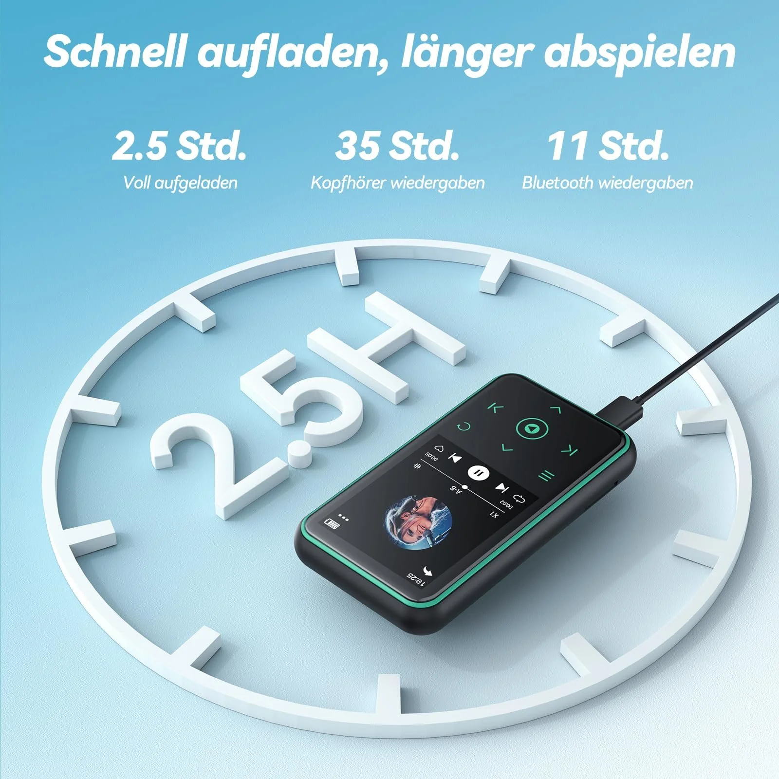 MP3-плеєр AGPTEK 64GB з кліпсою для спорту, Bluetooth 5.3, 1.8-дюймовий TFT кольоровий екран, міні-музичний плеєр з сенсорними кнопками, FM-радіо, крокомір, підтримка SD-карти до 128GB, синій, фото №7