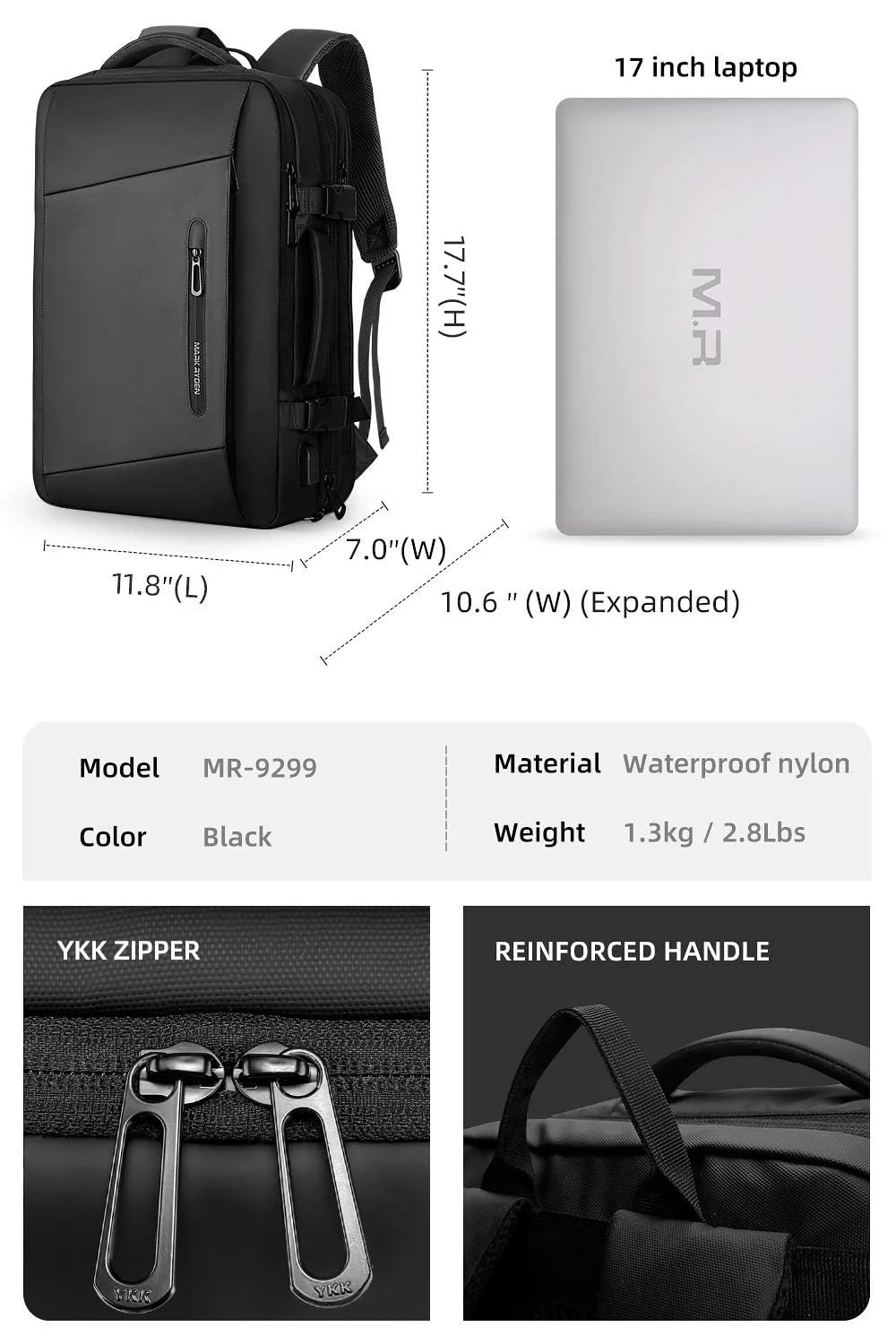 Рюкзак діловий Mark Ryden розширюваний 26л-38л 17" USB YKK 45 х 36 х 20 см чорний, фото №3 Рюкзак діловий Mark Ryden розширюваний 26л-38л 17" USB YKK 45 х 36 х 20 см чорний, фото №3