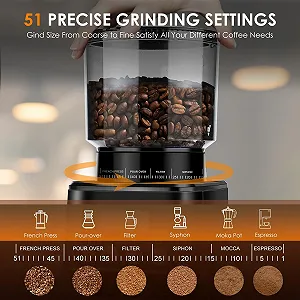 Электрическая кофемолка Homtone для портафильтра и контейнера, 51 уровень помола, электрическая кофемолка, автоматическая кофемолка для капельной кофеварки / Pour Over / Cold Brew / French Press, нержавеющая сталь synthetic.ua - Фото 1