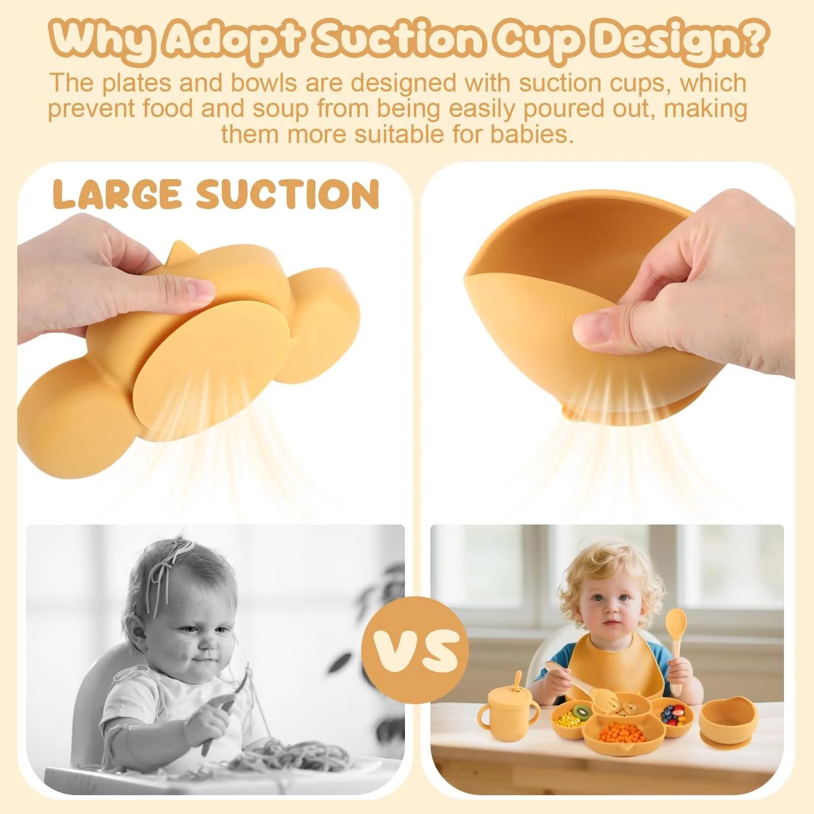 Набор детской силиконовой посуды, нескользящий с присоской, 8 предметов: детская тарелка, детская тарелка с присоской, силиконовая чашка, ложка, вилка, нагрудник, чашка для питья, фото №6