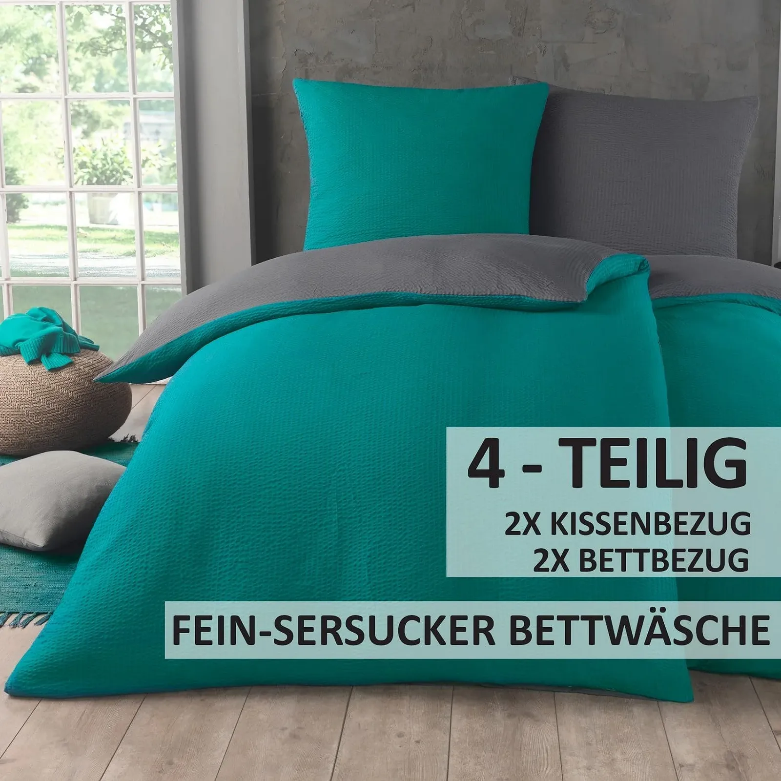 Постільна білизна Kuscheli Dreamhome 4 предмети двостороння тонкий сирсакер 2 x 135 x 200 см + 2 x 80 x 80 см сіро-блакитний, фото №2