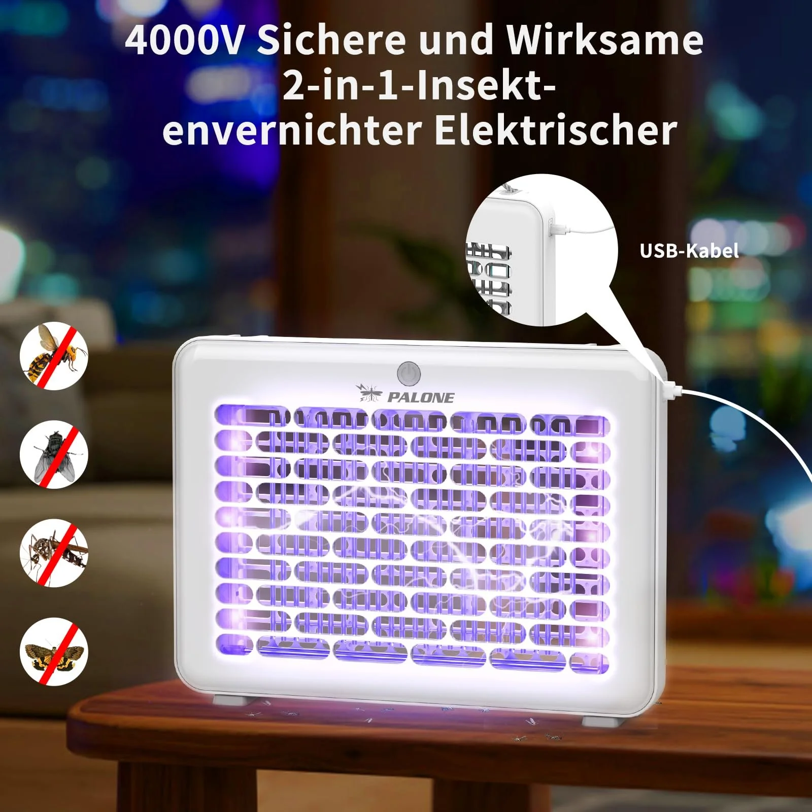 Знищувач комах електричний PALONE 4000 V USB 1200 mAh з 6 УФ-світлодіодами підвісний, фото №2