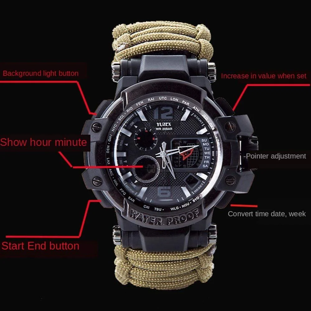 Многофункциональные Водонепроницаемые Тактические Часы с Паракордом WLDOCA Спортивные с Компасом Термометром, фото №4 Многофункциональные Водонепроницаемые Тактические Часы с Паракордом WLDOCA Спортивные с Компасом Термометром, фото №4