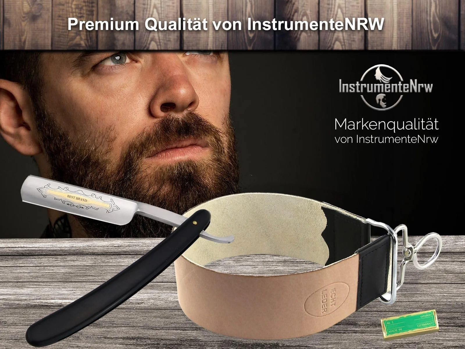 Набір для гоління InstrumenteNrw Men's Solingen з ременем для правки та пастою, чорна ручка, фото №6