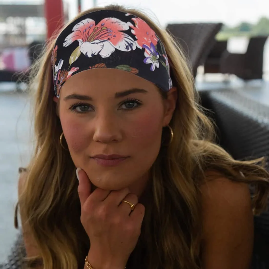 Пов'язка на голову в стилі бохо Чорна Еластична для жінок Широка З квітковим принтом, фото №3